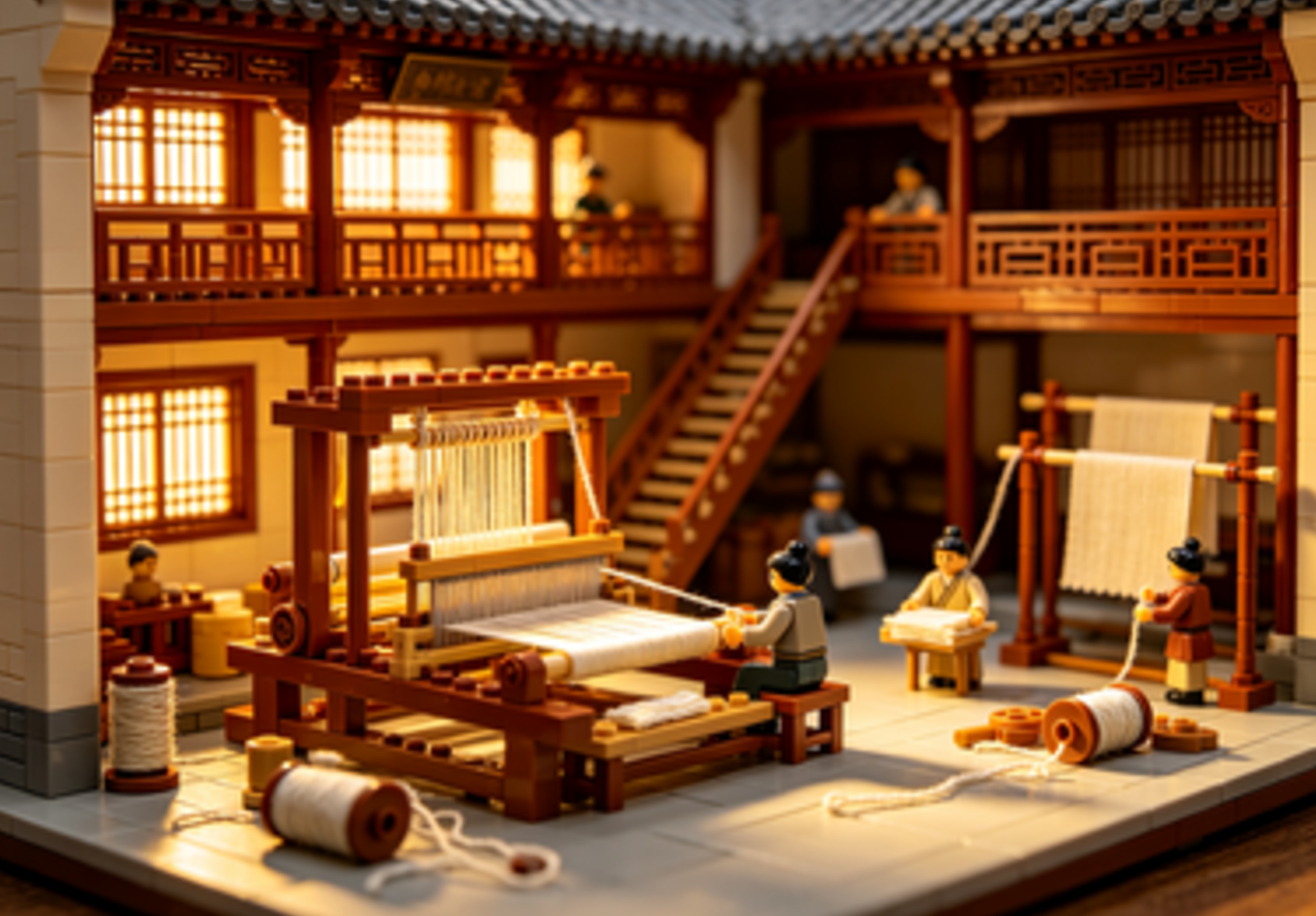 An intricately detailed model of an ancient Chinese silk weaving workshop made from building blocks