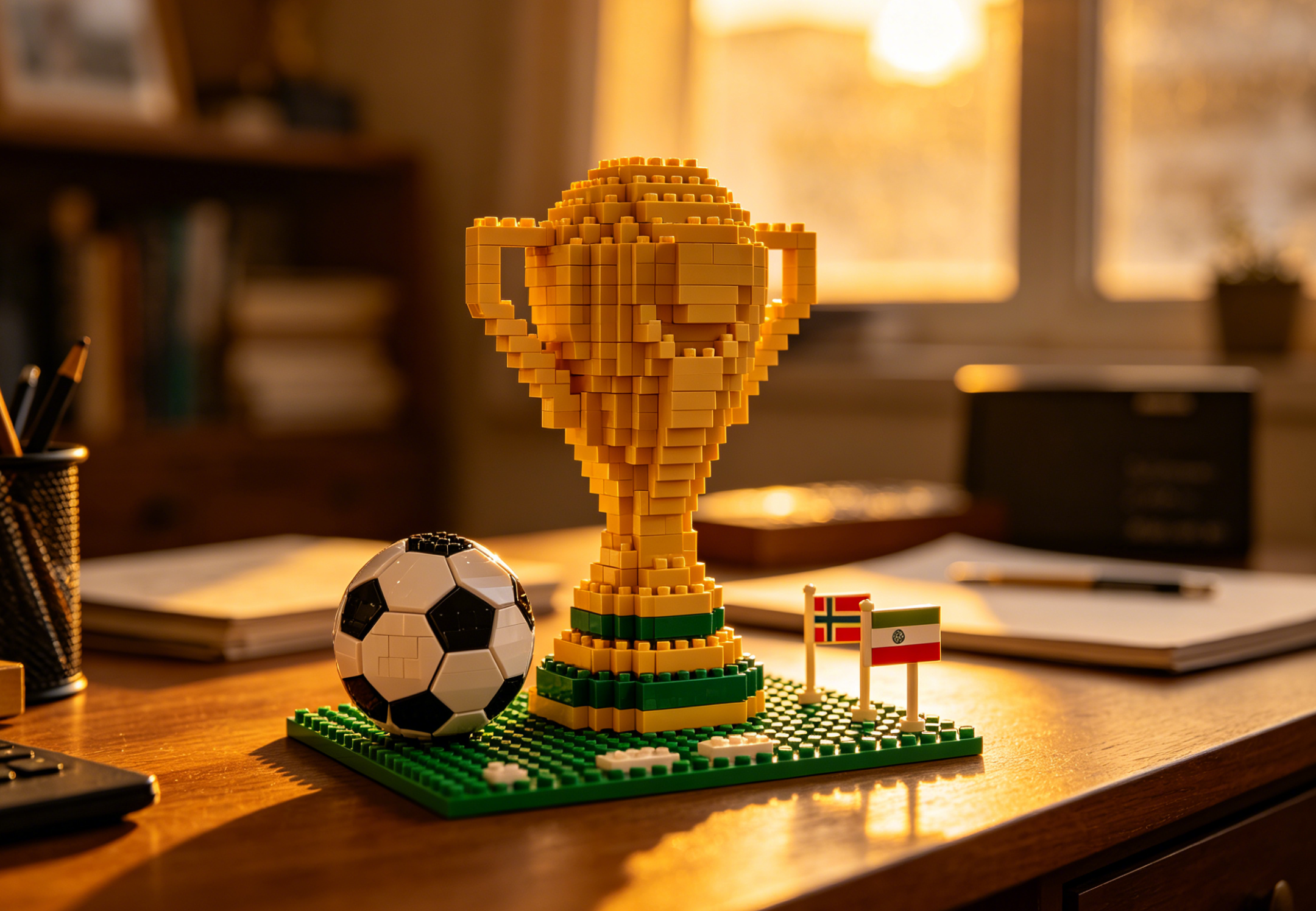 A detailed building block model of a soccer stadium, representing a World Cup keepsake.