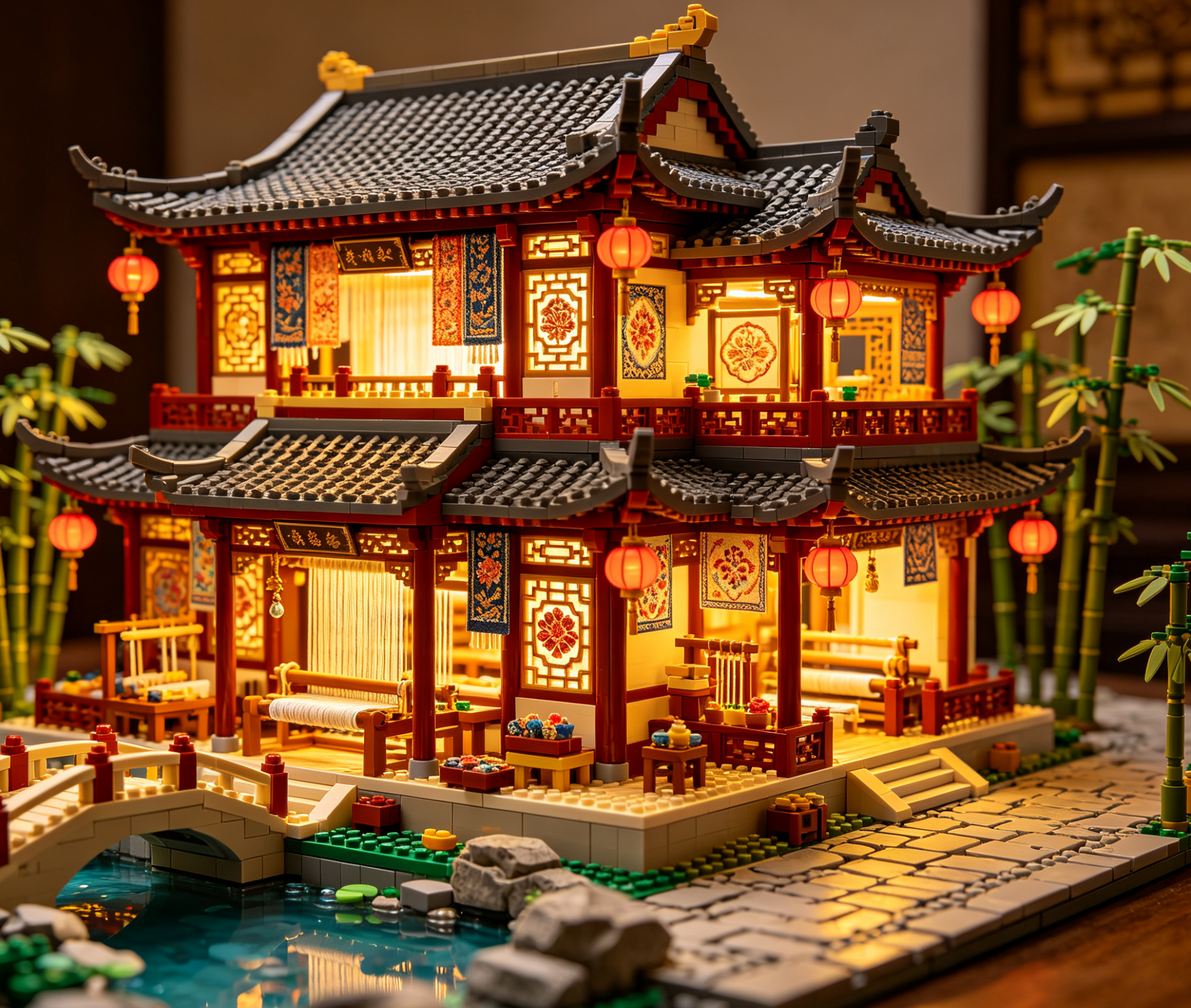 A beautifully detailed Chinese embroidery studio made from building blocks