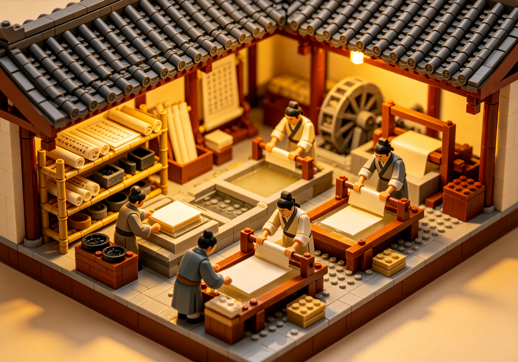 An intricately detailed building block model of a traditional Chinese paper making workshop