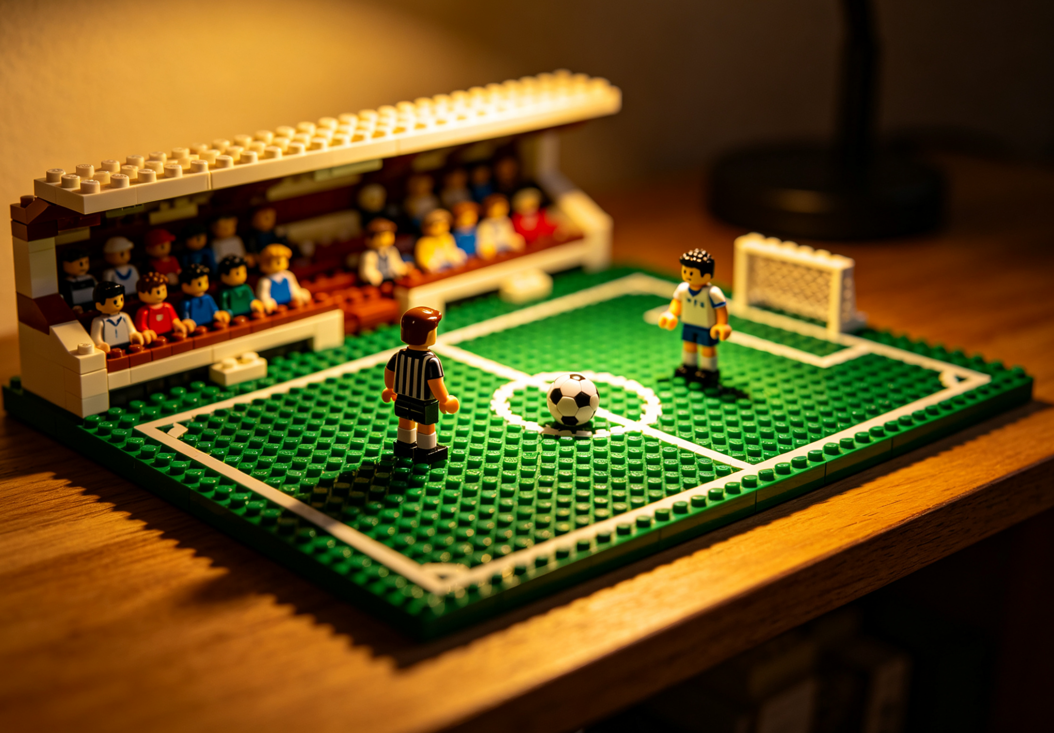 A detailed building block model of a famous soccer stadium under bright lights