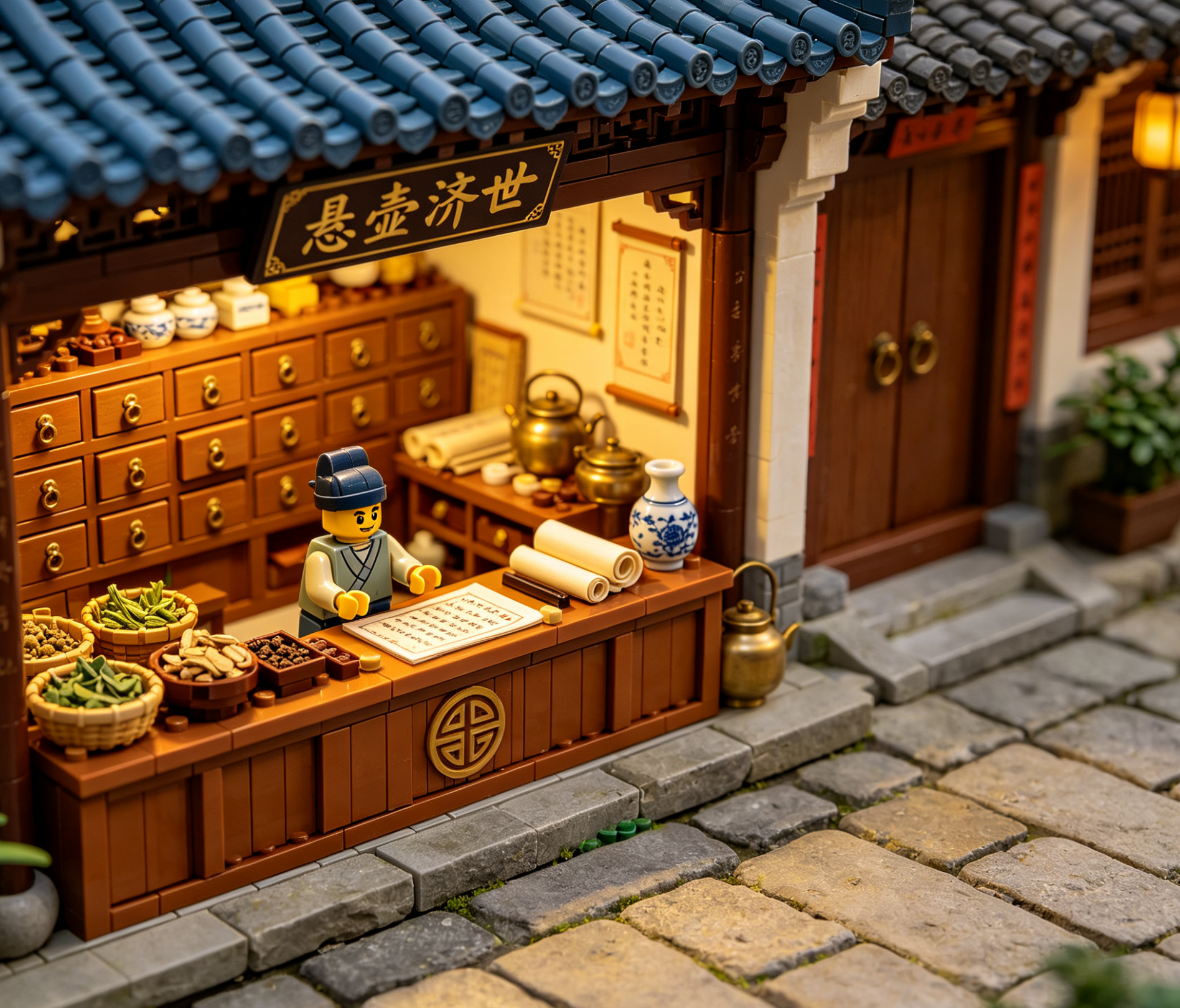 An intricate and detailed model of a traditional Chinese herbal medicine shop made from building blocks