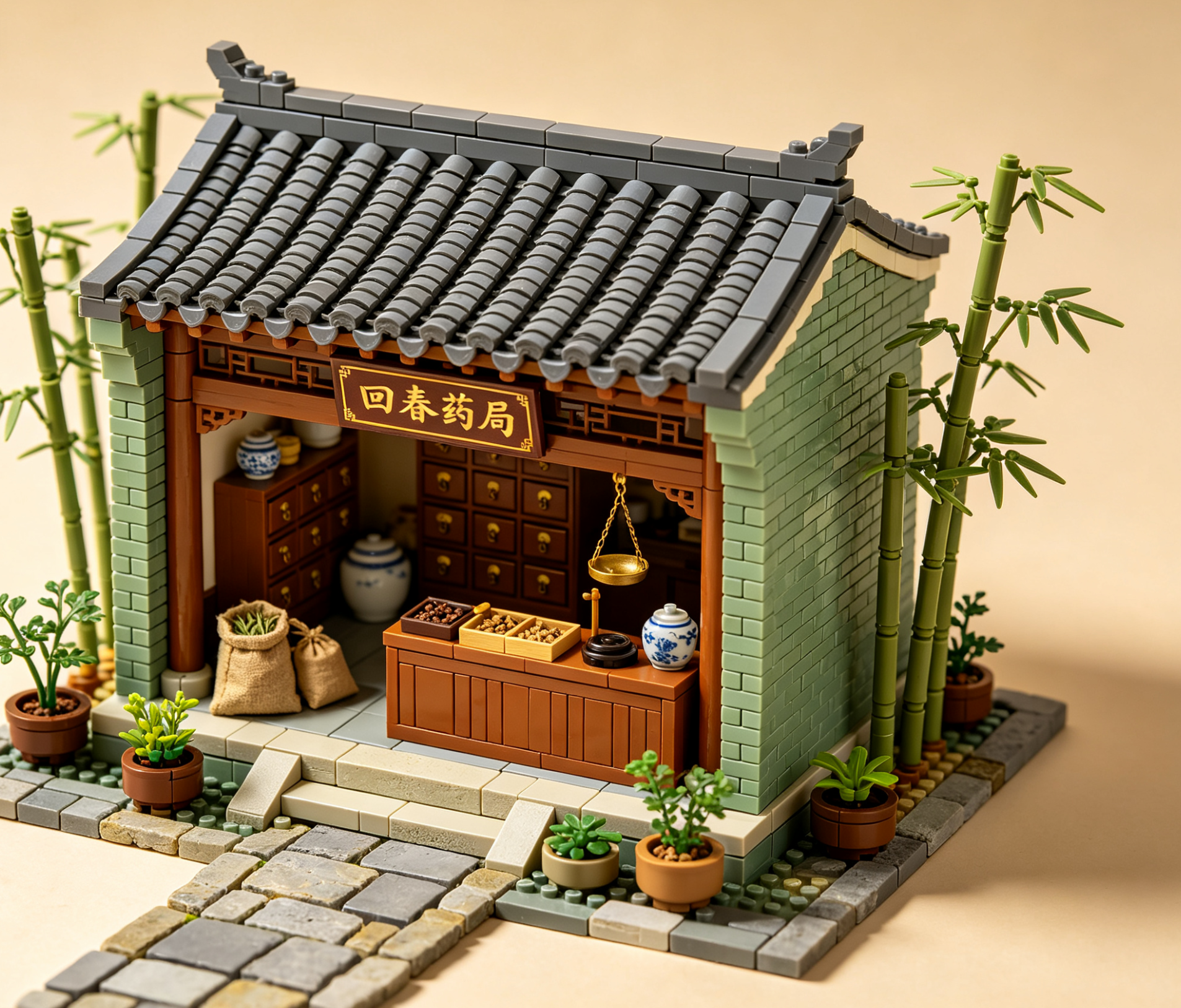 An intricately detailed Chinese apothecary building set showcasing traditional architecture and interior elements.