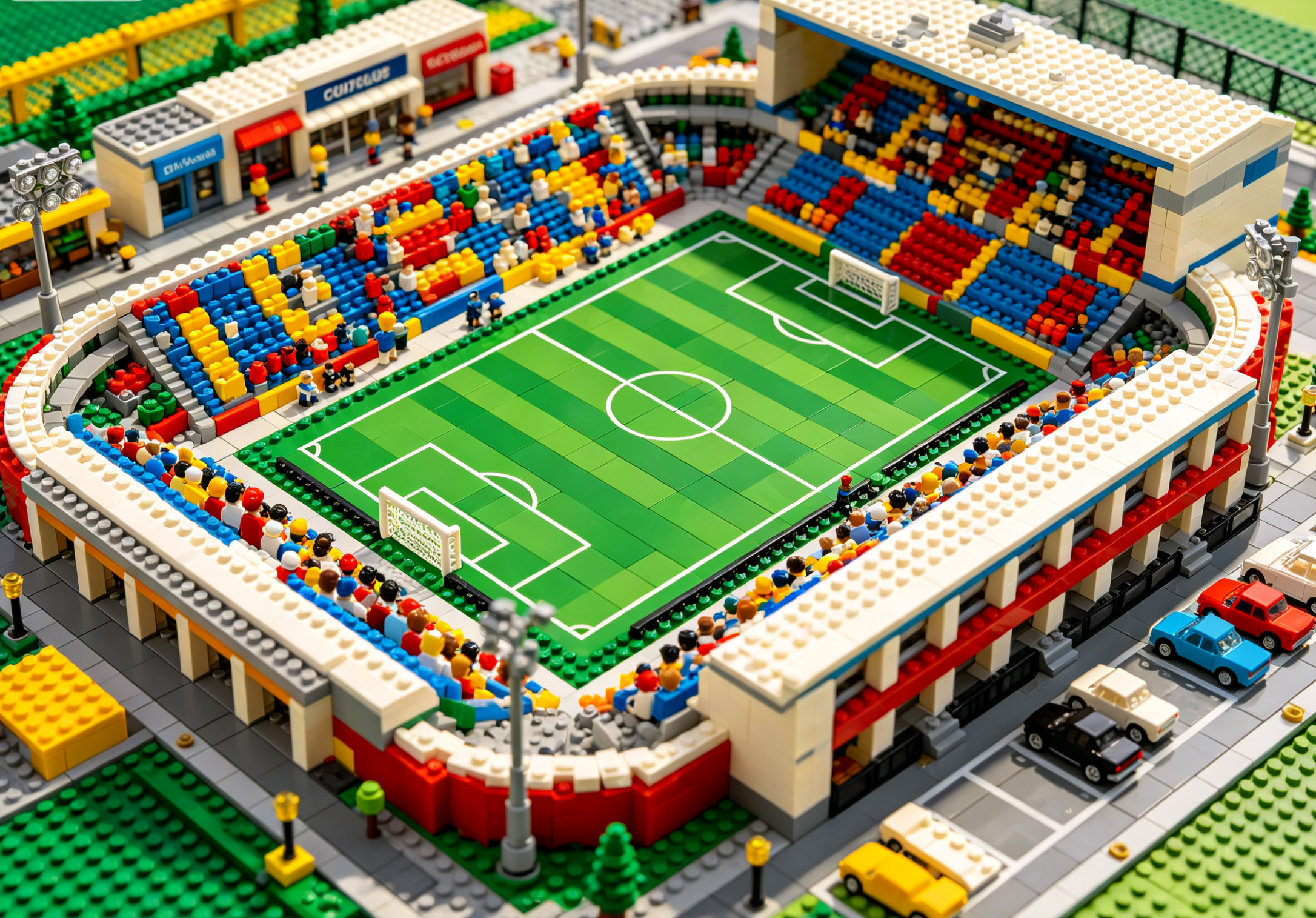 A detailed and expansive brick-built model of a soccer stadium