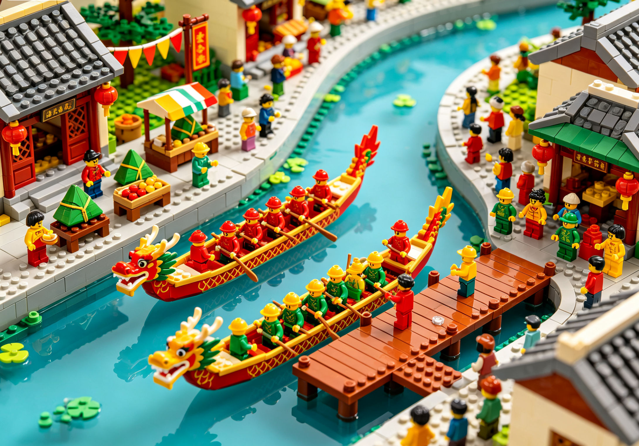 A vibrant and detailed Dragon Boat Race Village building block set on display