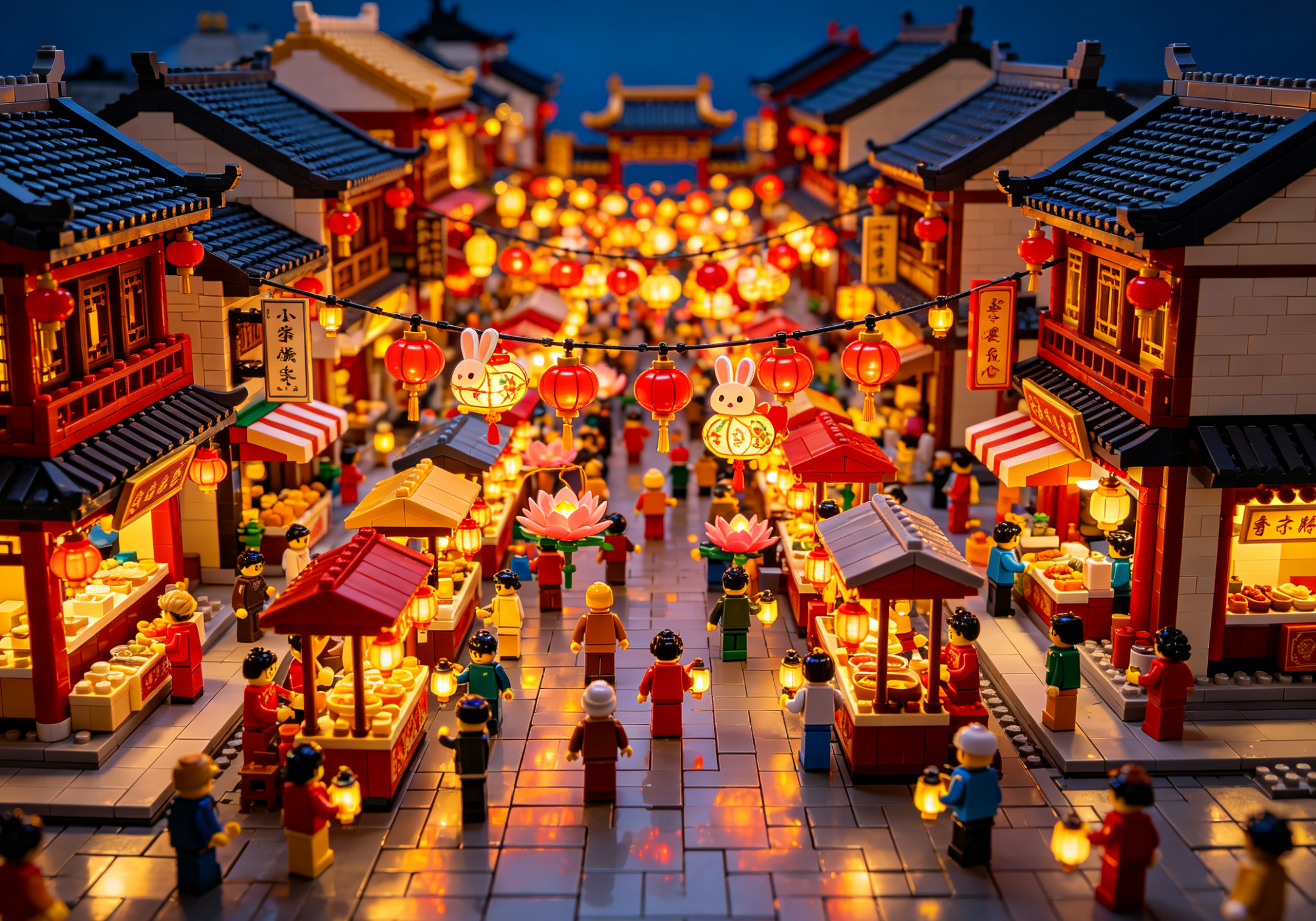 An intricate and colorful Chinese lantern festival street built from miniature bricks, with glowing lights.