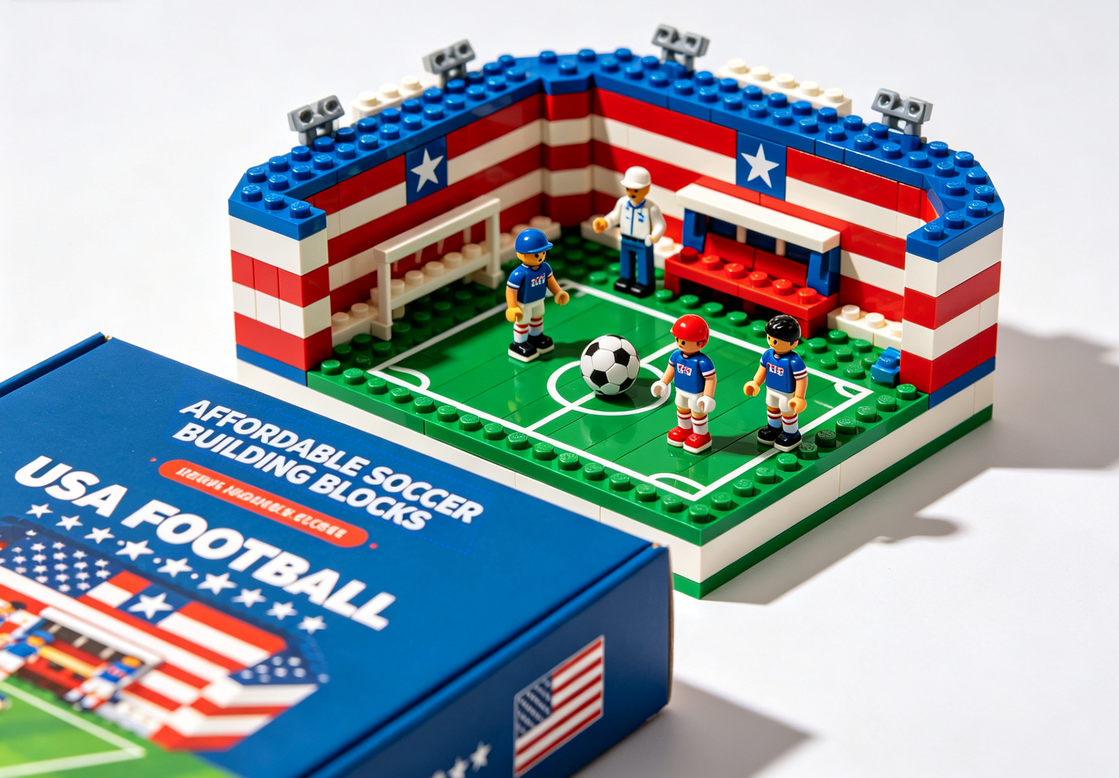 A detailed soccer stadium made of building blocks with cheering fans