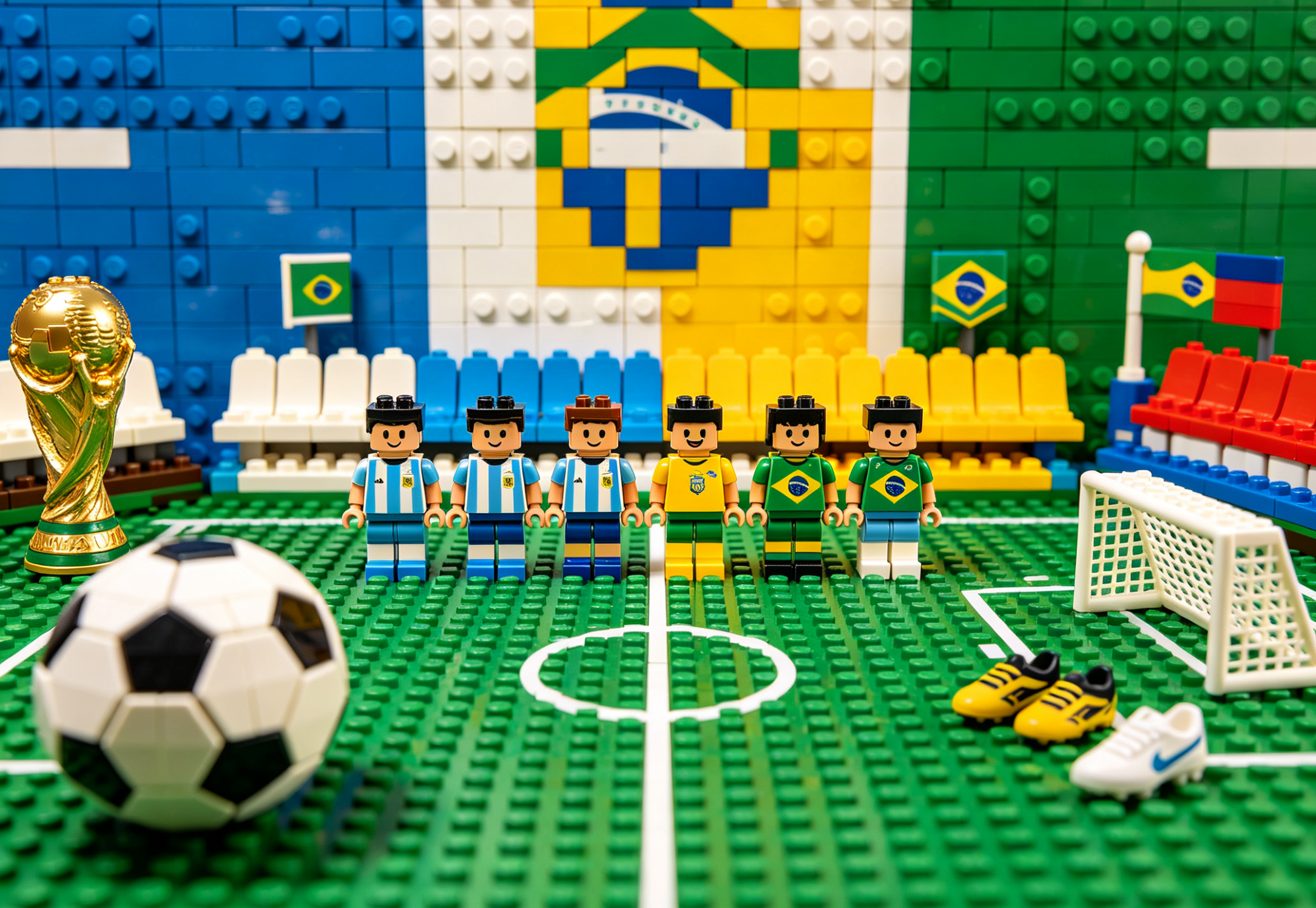 A vibrant collection of football jerseys and memorabilia for Argentina and Brazil.