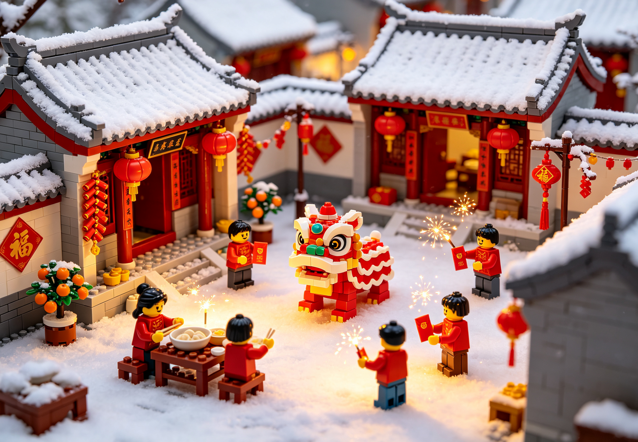 A vibrant and detailed Chinese New Year street block set showcasing a festival celebration