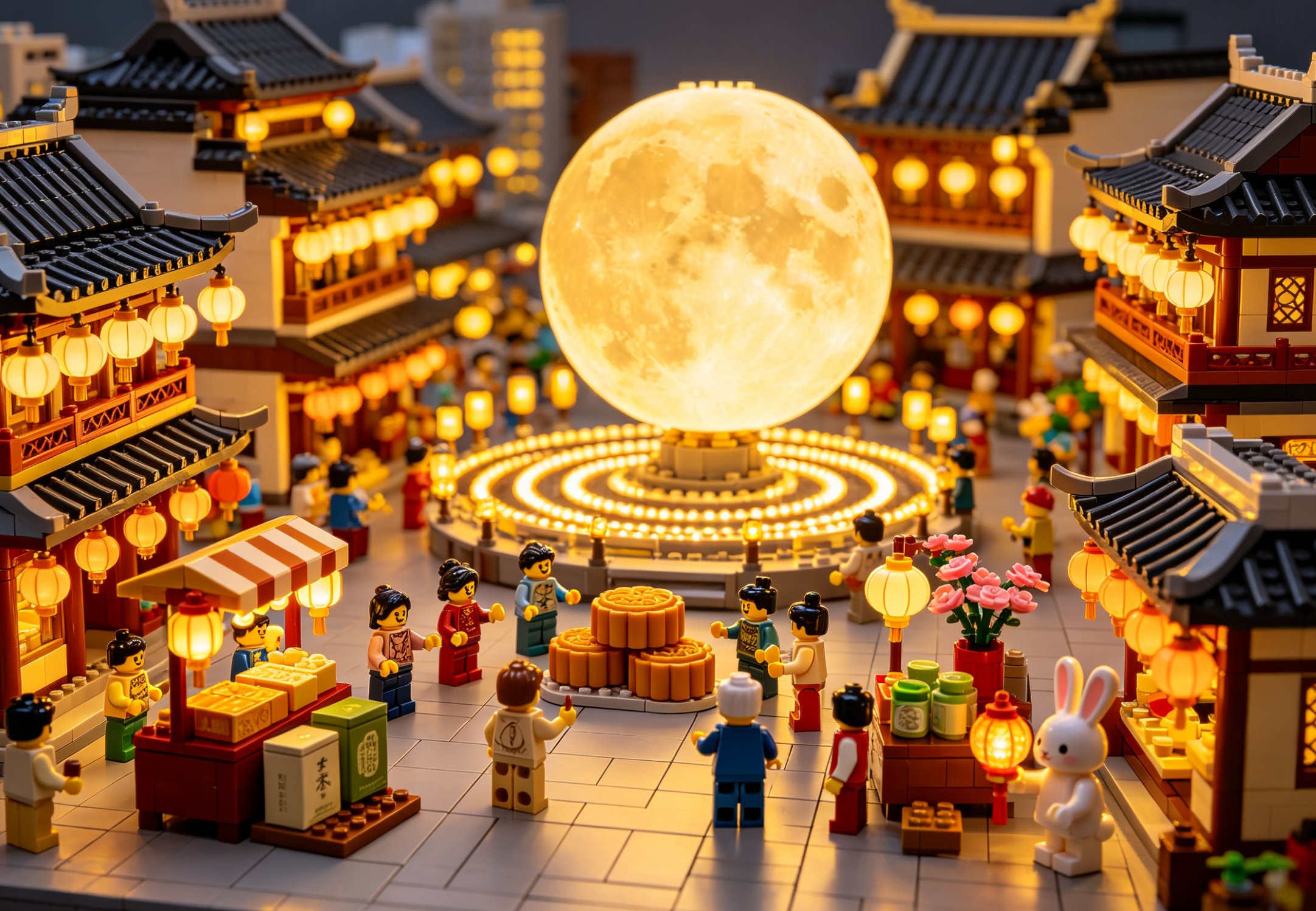A beautifully detailed brick model of a Mid-Autumn Festival market scene with glowing lanterns