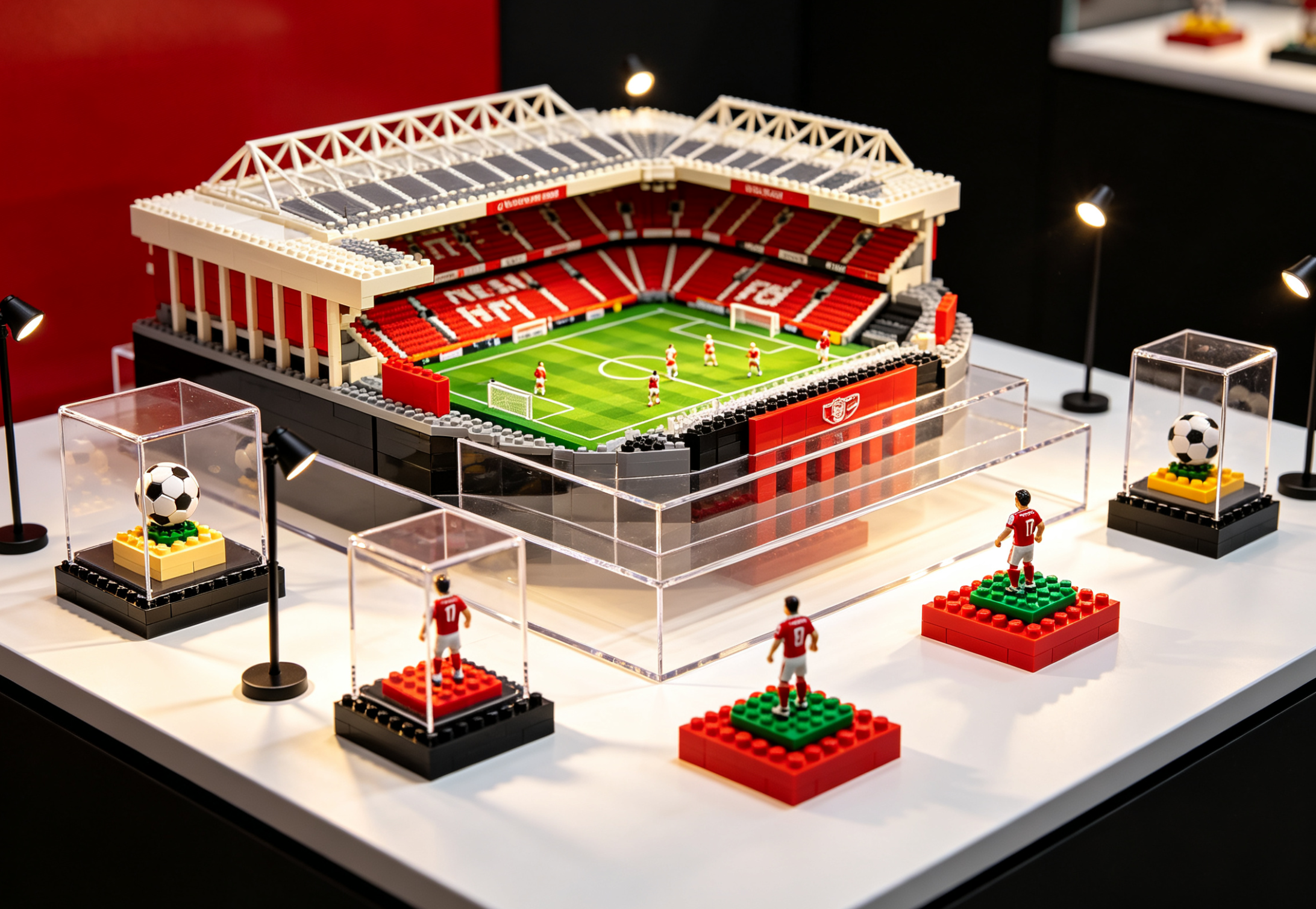 A detailed model of a football stadium assembled from building bricks