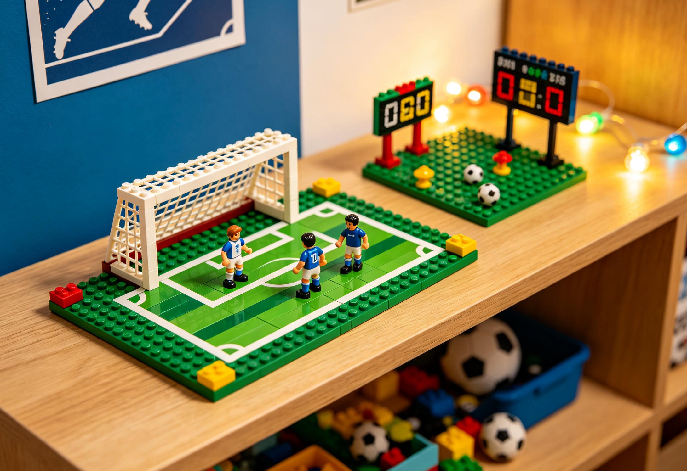 A detailed football stadium built from decor blocks on a shelf