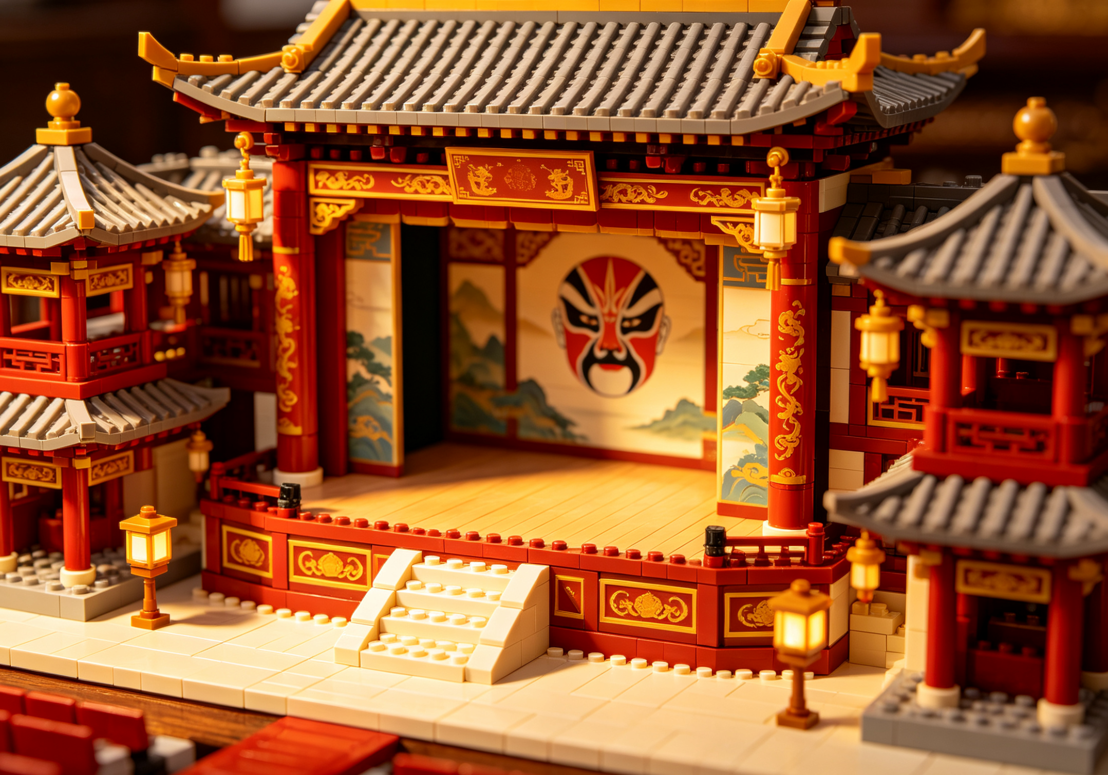A detailed and colorful Chinese opera theater building block set fully assembled