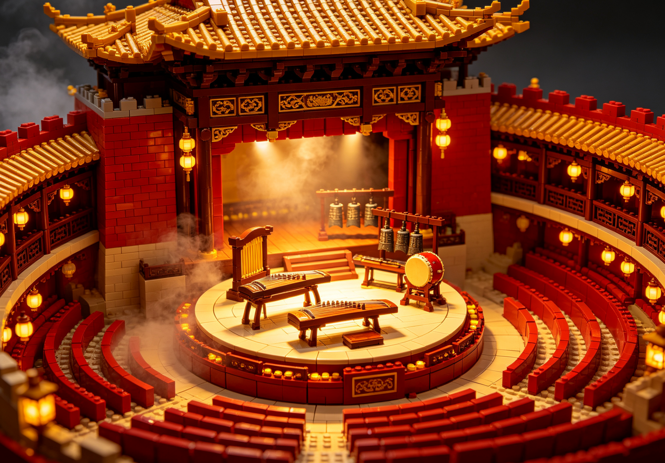 A beautifully detailed ancient Chinese music hall built from building blocks, showcasing vibrant colors and traditional architecture.