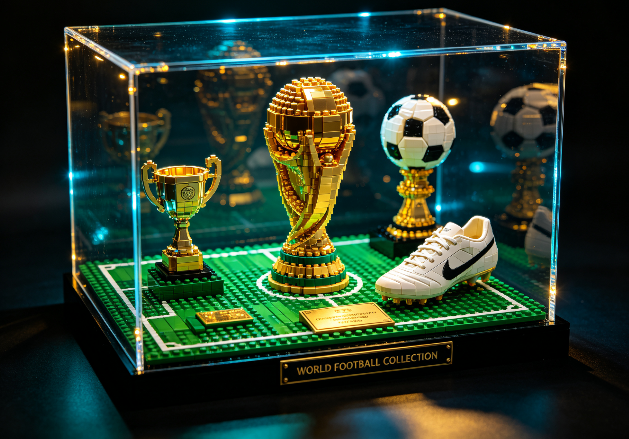 A detailed building block model of a famous football stadium under bright lights
