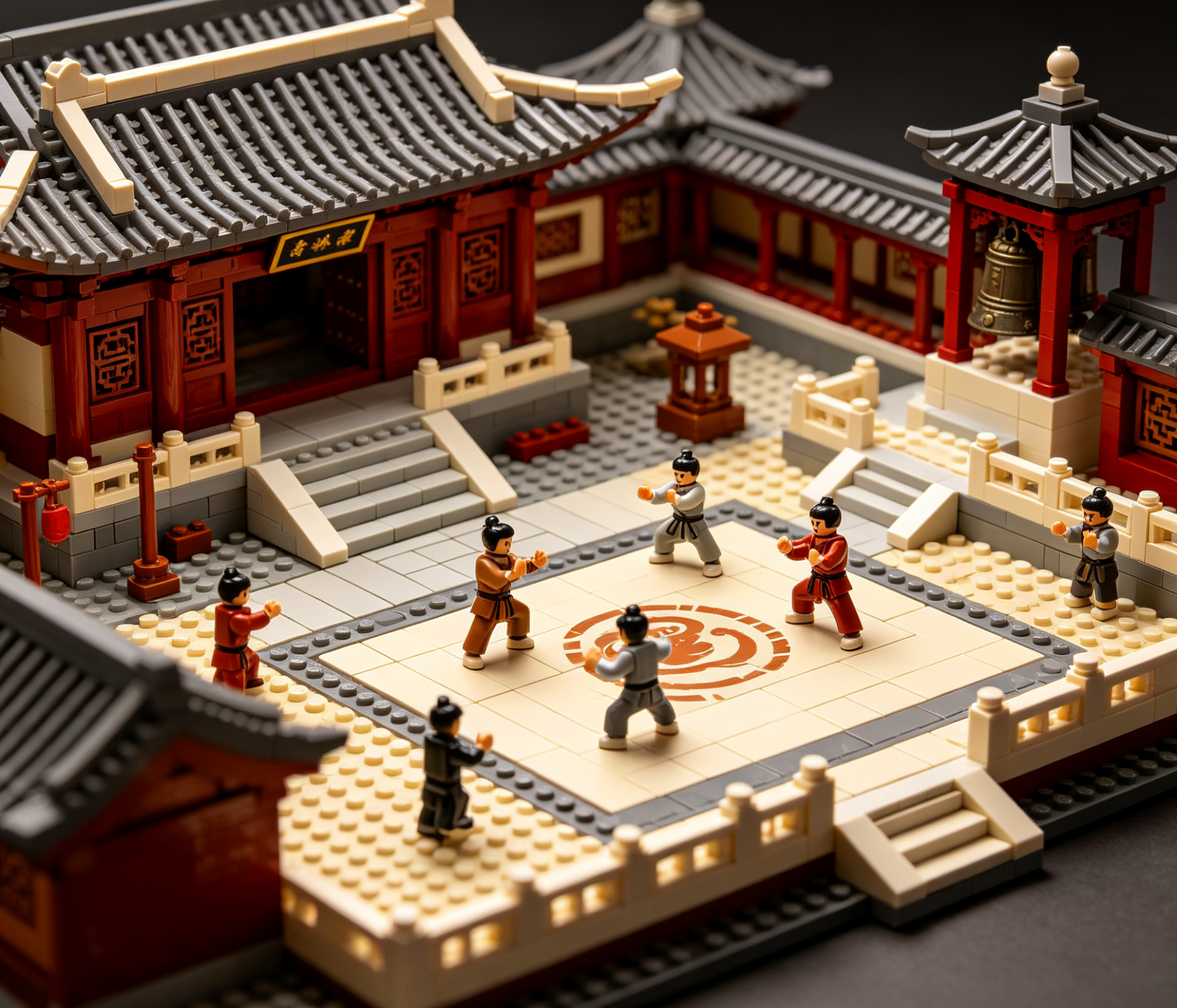 An intricate and detailed martial arts temple built from building blocks, featuring traditional Asian architecture.