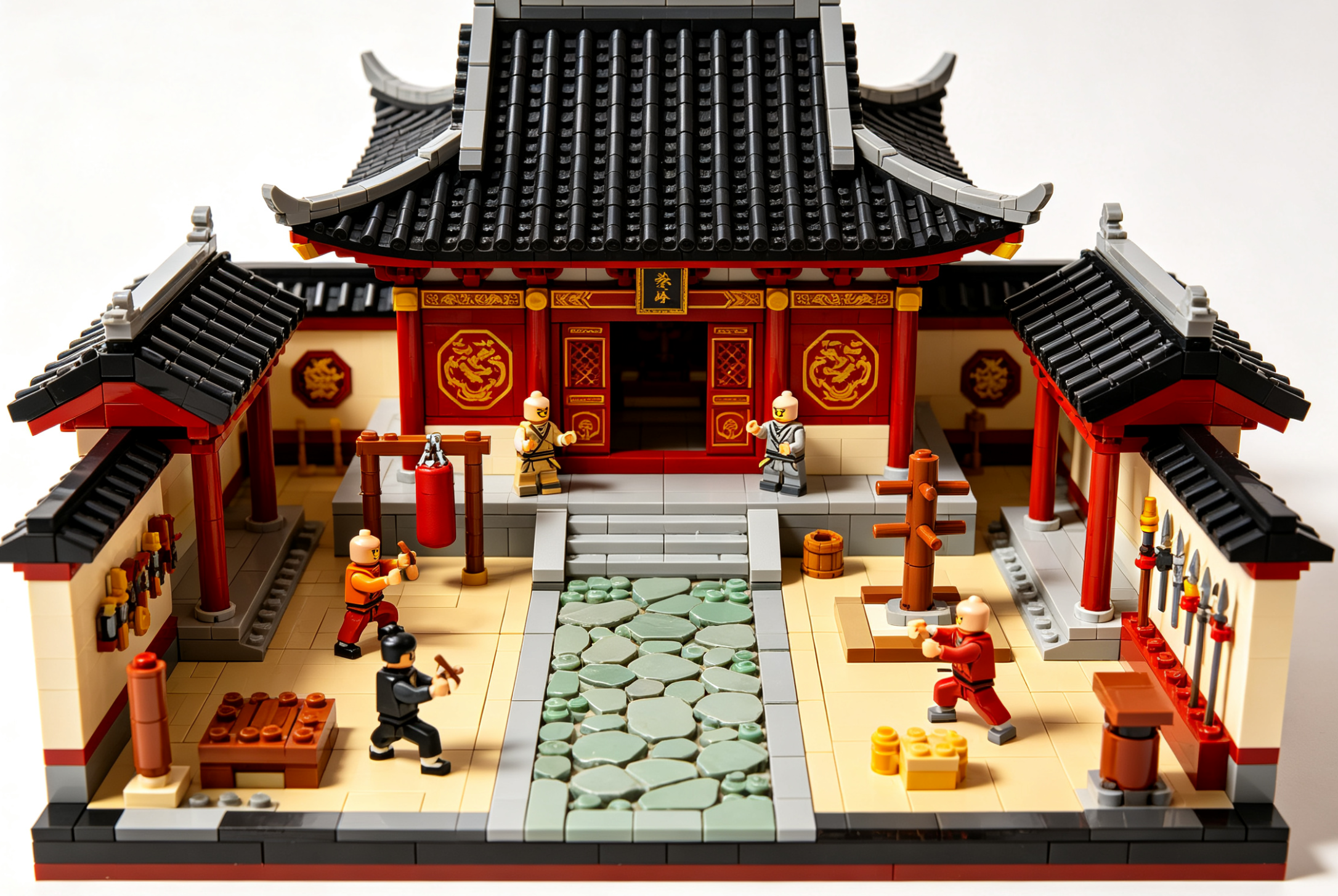 An intricate building block model of a Shaolin temple with warrior minifigures