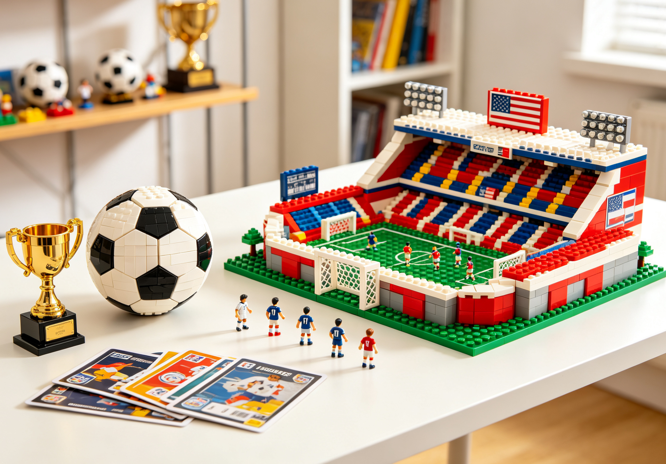 A detailed building block model of a famous soccer stadium on display