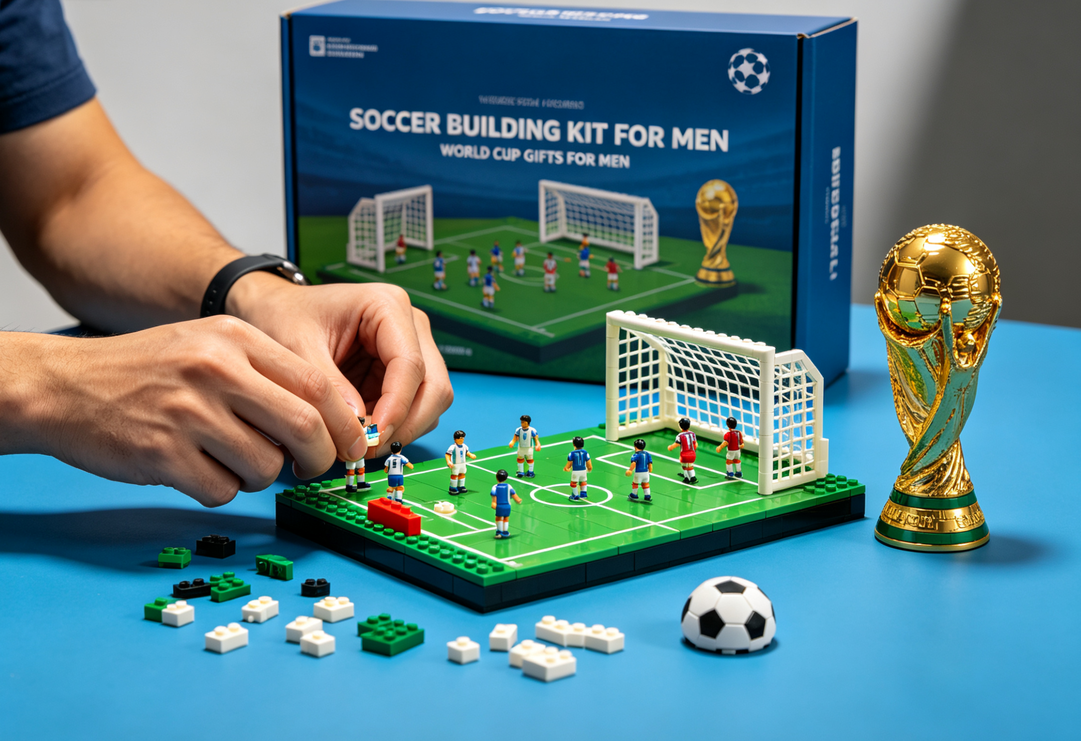 A detailed brick model of a soccer stadium, showcasing the green pitch and spectator stands