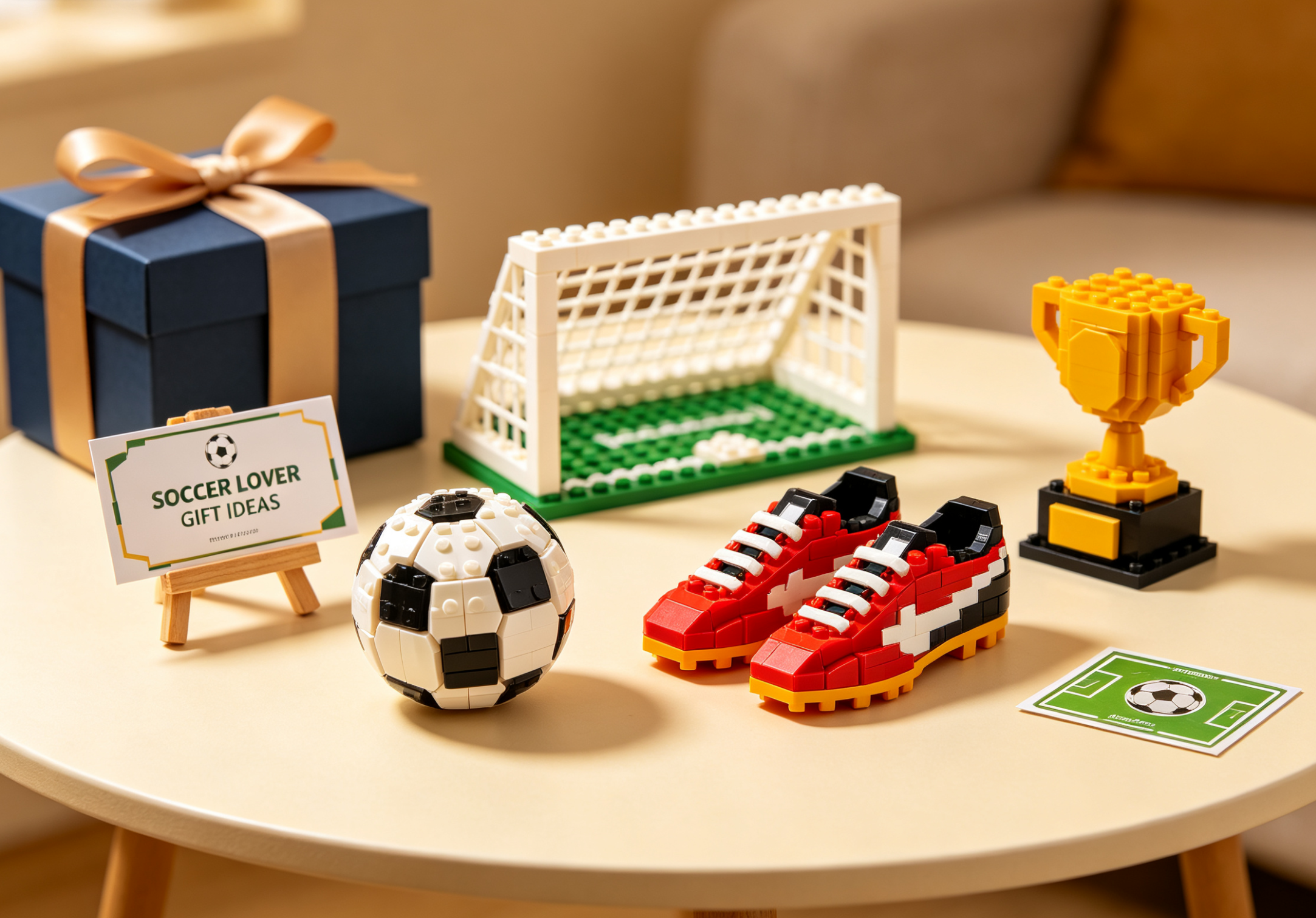 A collection of creative soccer-themed gifts including a jersey, a smart ball, and building blocks of a stadium.
