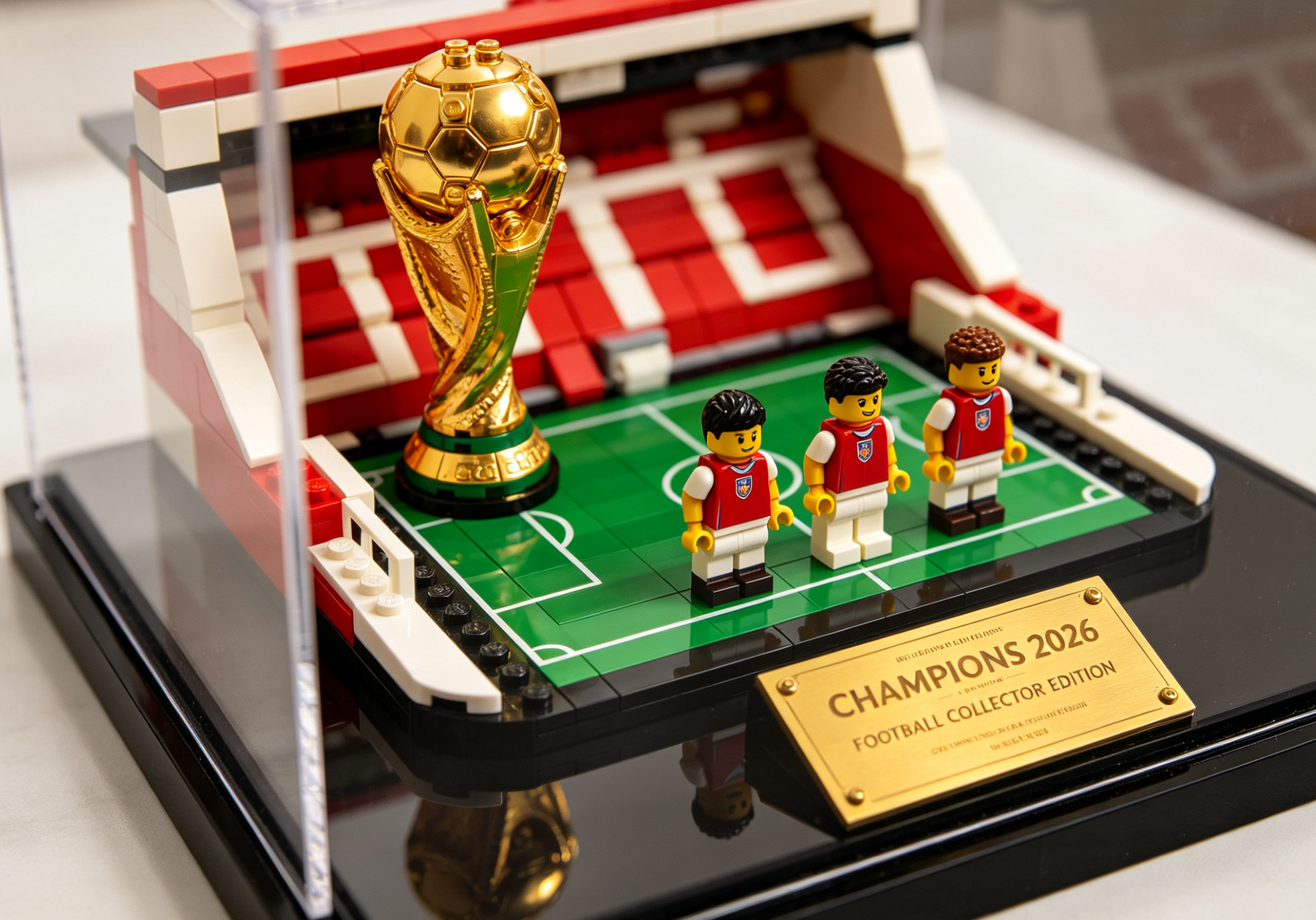 A detailed brick-built model of a soccer stadium, representing a championship collectible