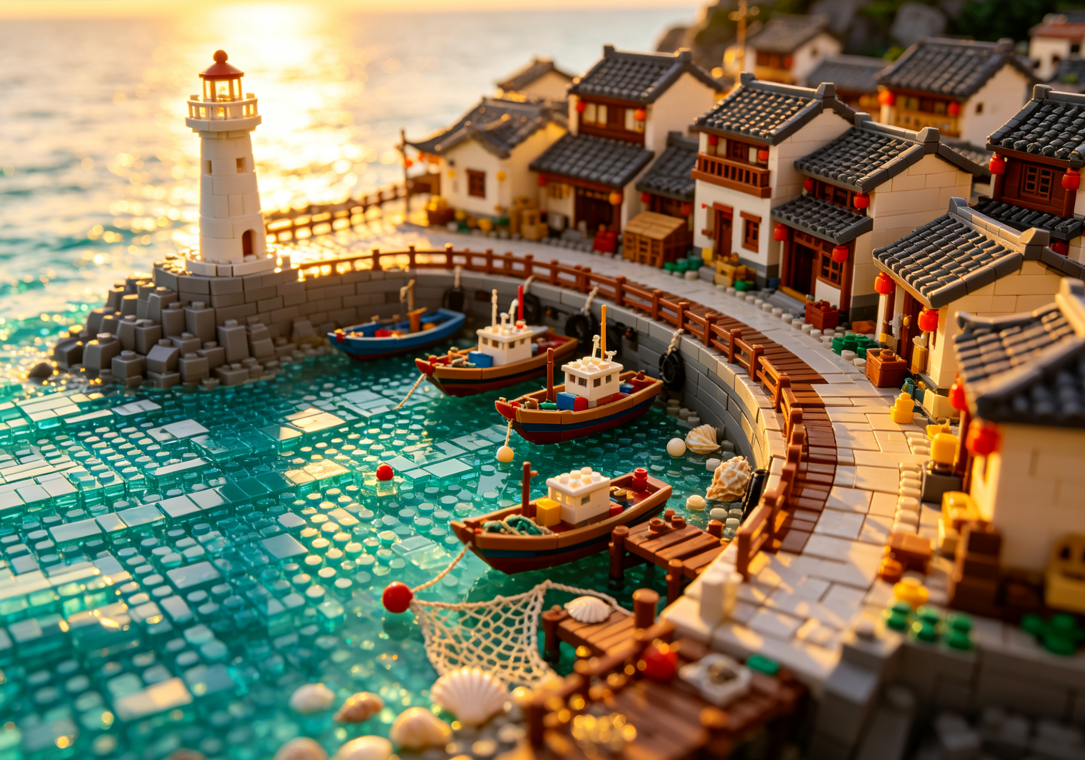 A highly detailed building block model of a traditional Chinese fishing harbor at dusk