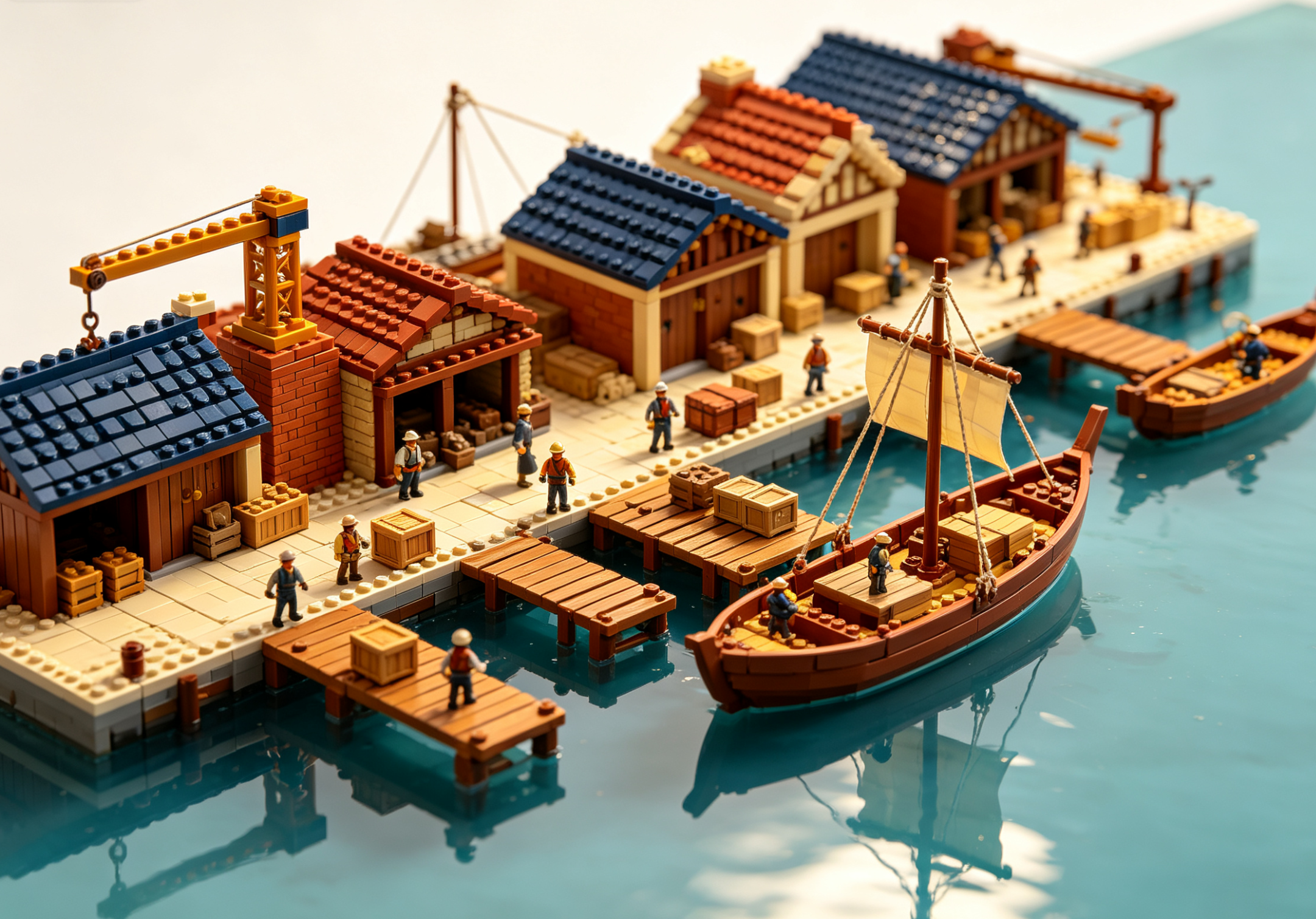 A detailed and sprawling ancient dockyard model built with intricate building blocks
