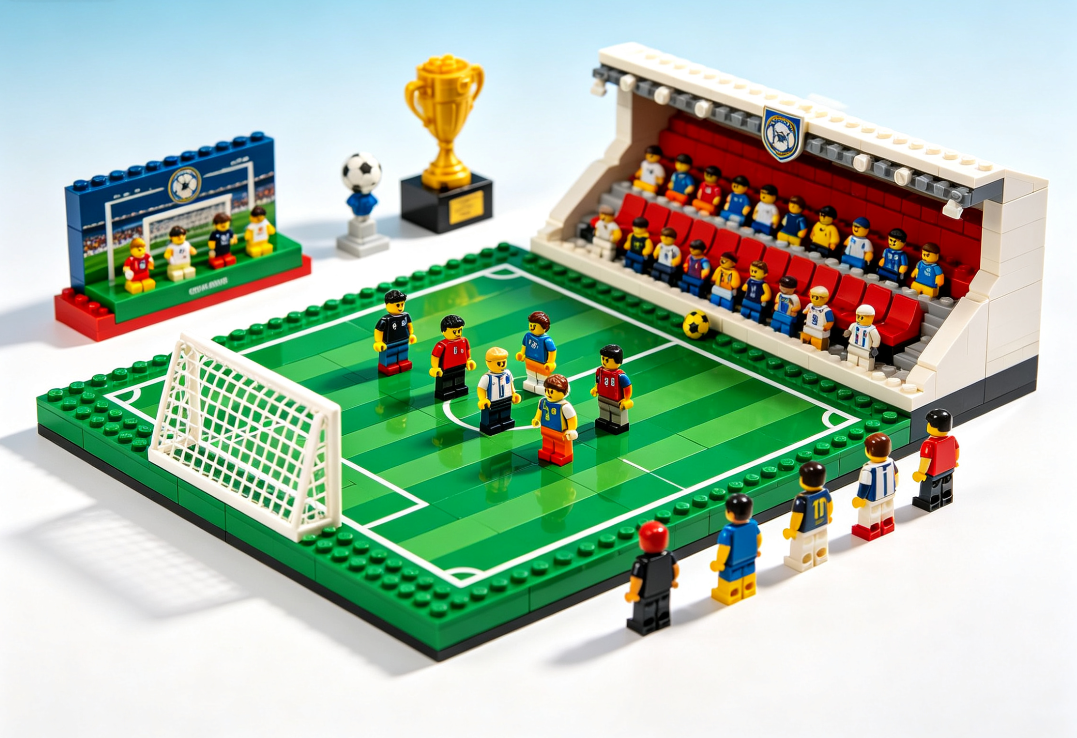 A detailed building block model of a soccer stadium filled with fans