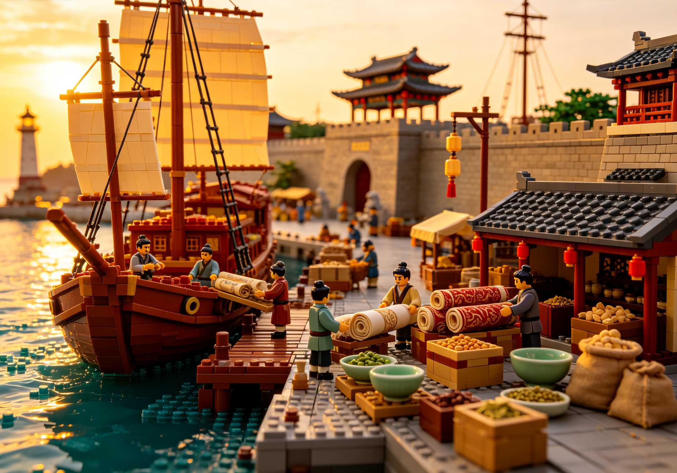 A detailed and vibrant brick model of an ancient Chinese merchant port with traditional ships and architecture.