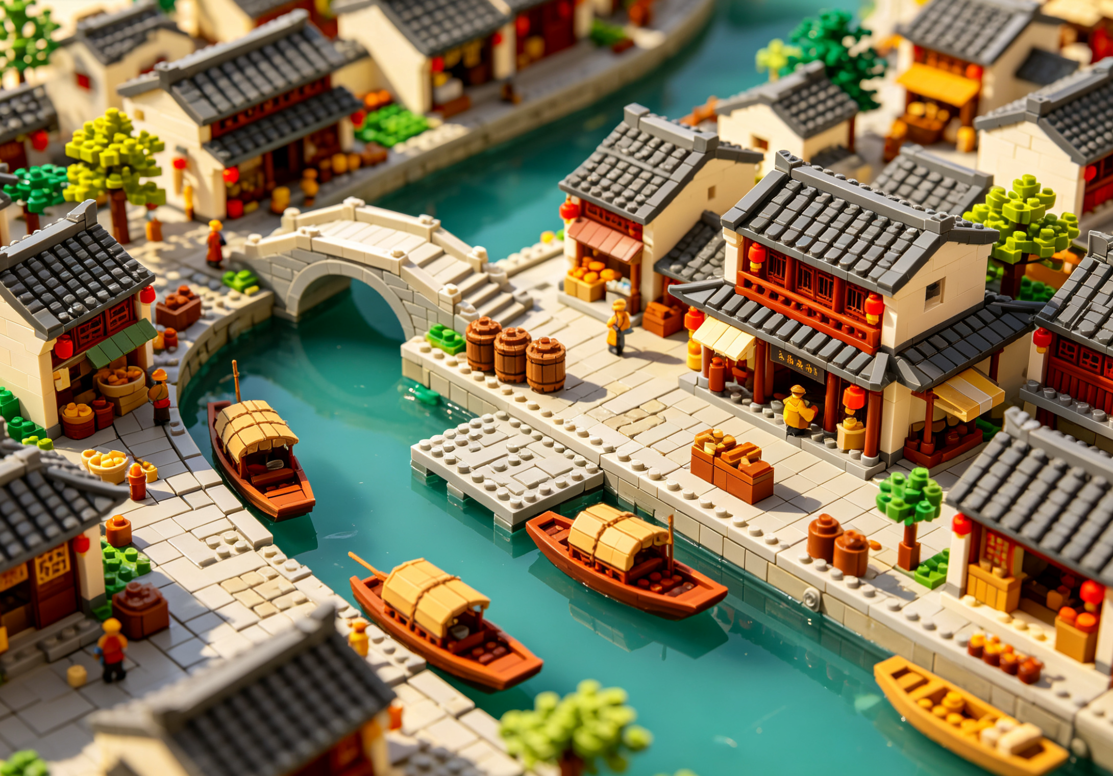 A beautifully detailed historic canal town model made from building blocks, featuring bridges and colorful buildings.