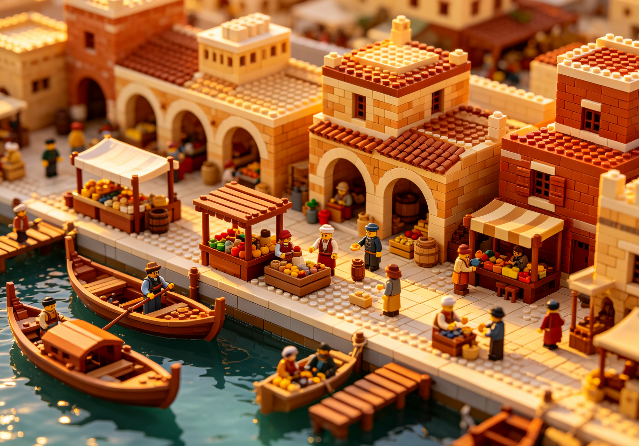 An intricate model of a historical canal warehouse and merchant district built from blocks