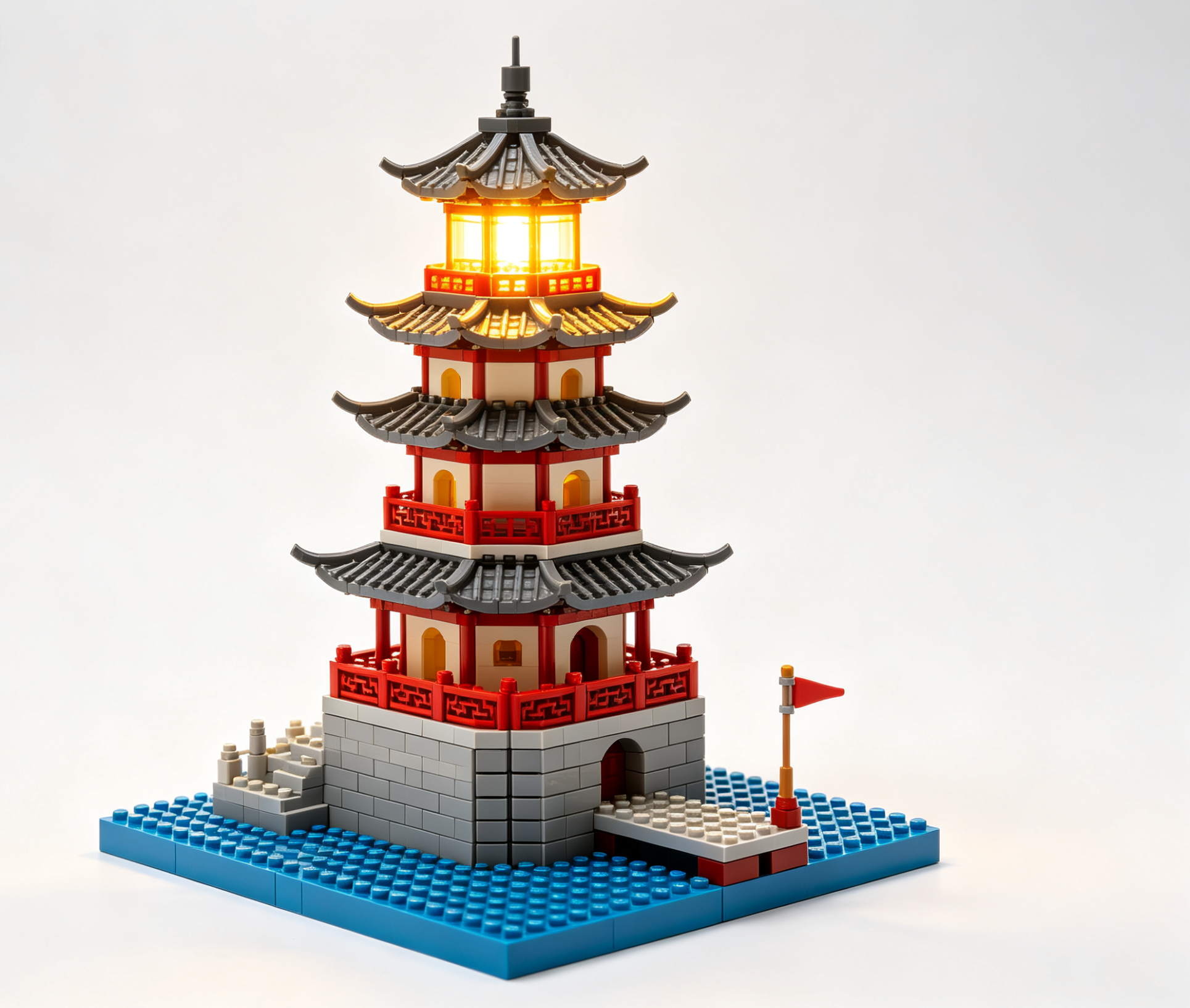 A beautifully detailed Chinese lighthouse building block model with pagoda-style roofing