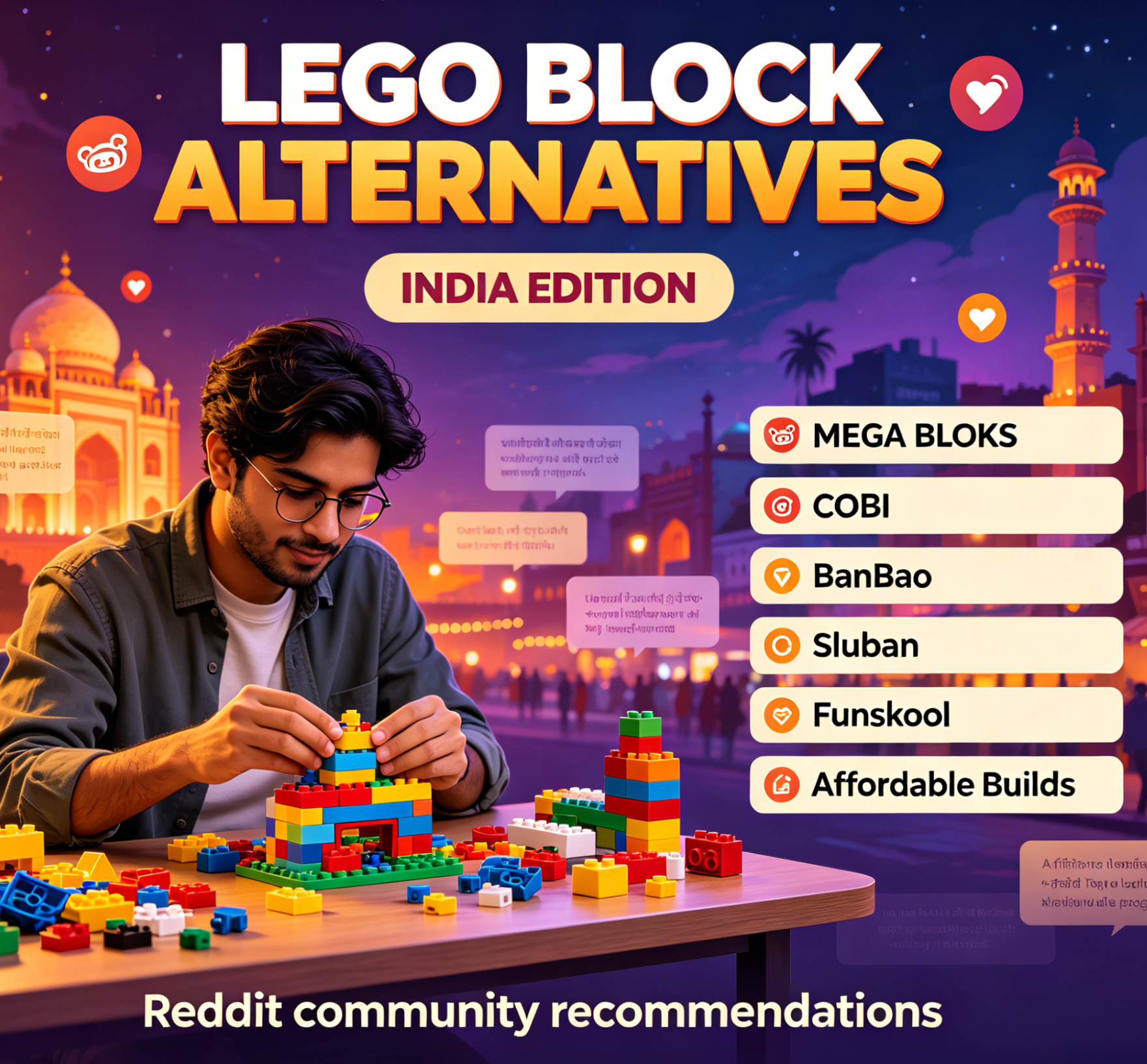 A collection of complex and detailed building block sets from various alternative brands