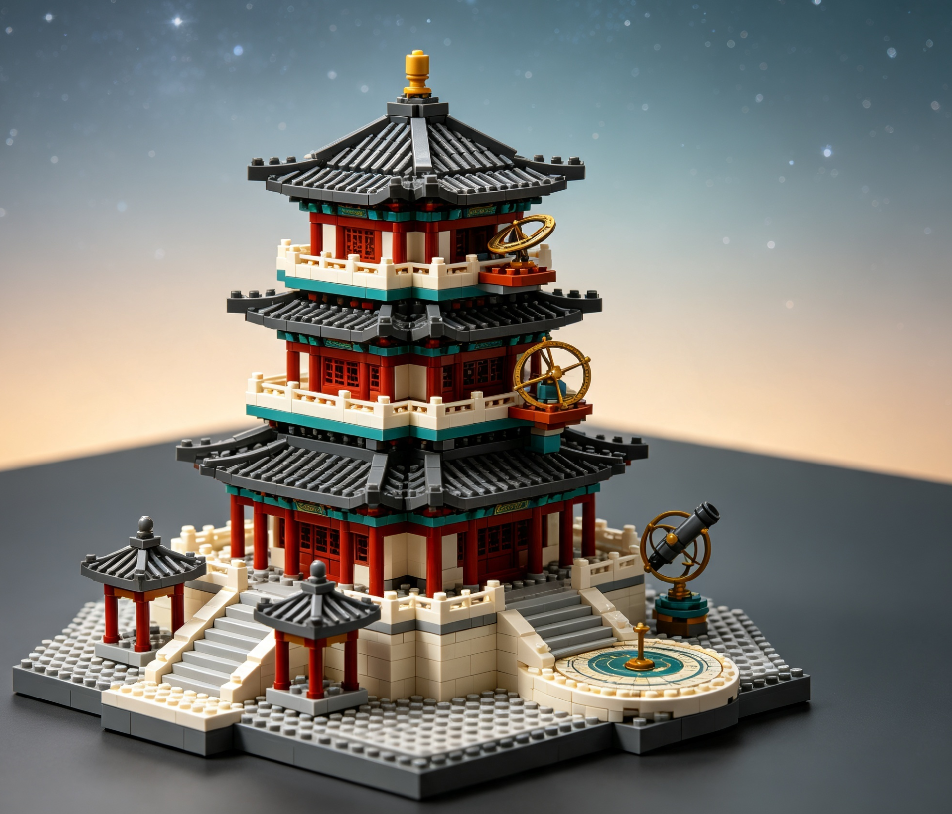 A detailed and intricate model of an ancient Chinese astronomy tower built from small bricks