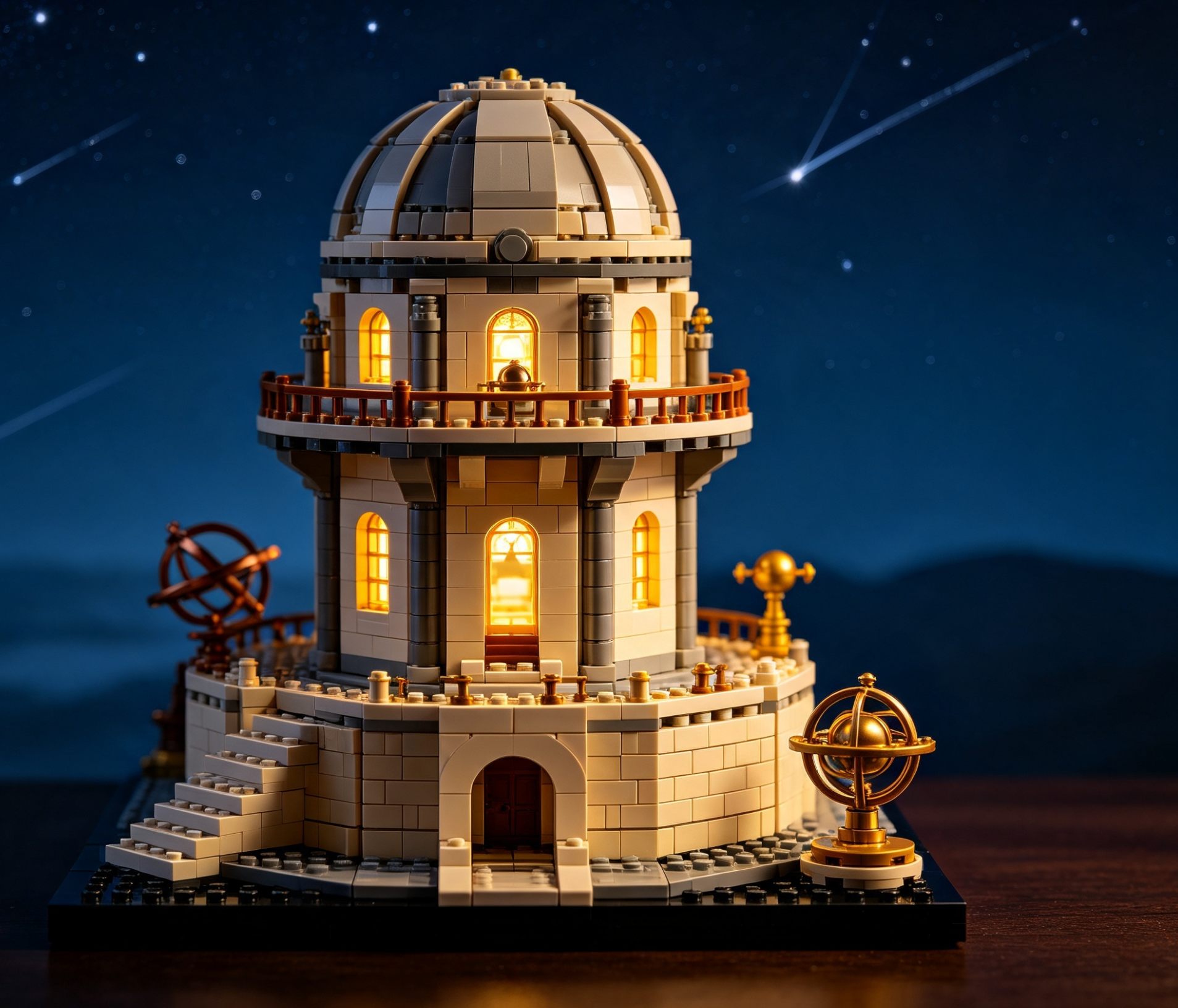 A detailed and intricate Imperial Observatory brick set displayed against a dark background, highlighting its architectural features.