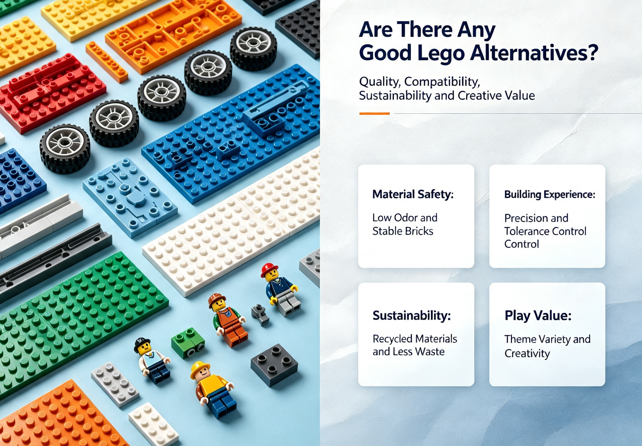 A collection of high-quality alternative building blocks arranged neatly