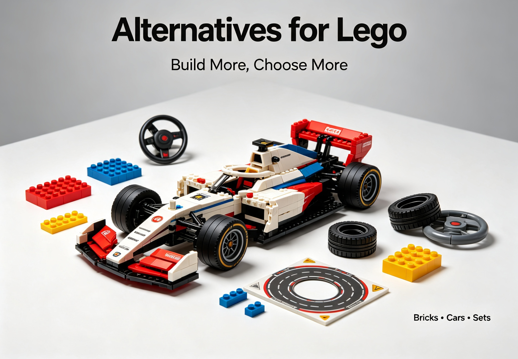 A collection of intricate building block car models from various alternative brands