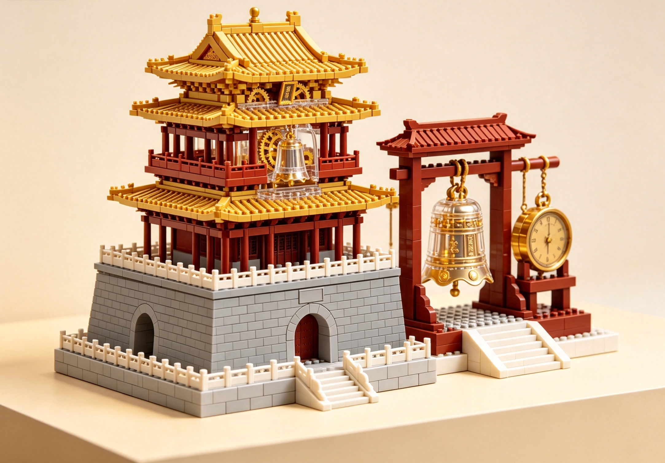 A beautifully detailed Chinese clock tower block set model with intricate roof details and vibrant colors.