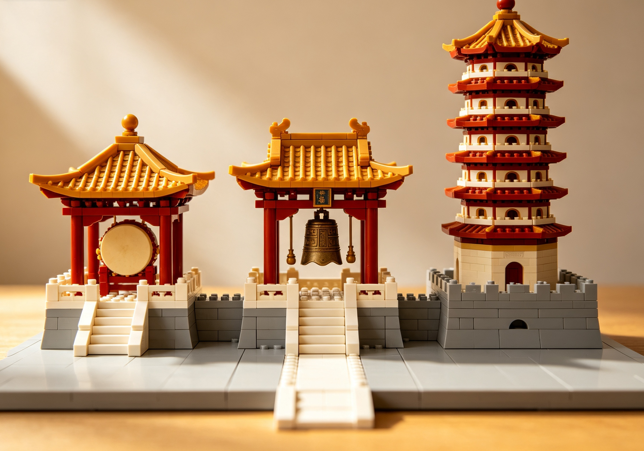 A grand, multi-tiered ancient Chinese ceremonial tower under a clear blue sky