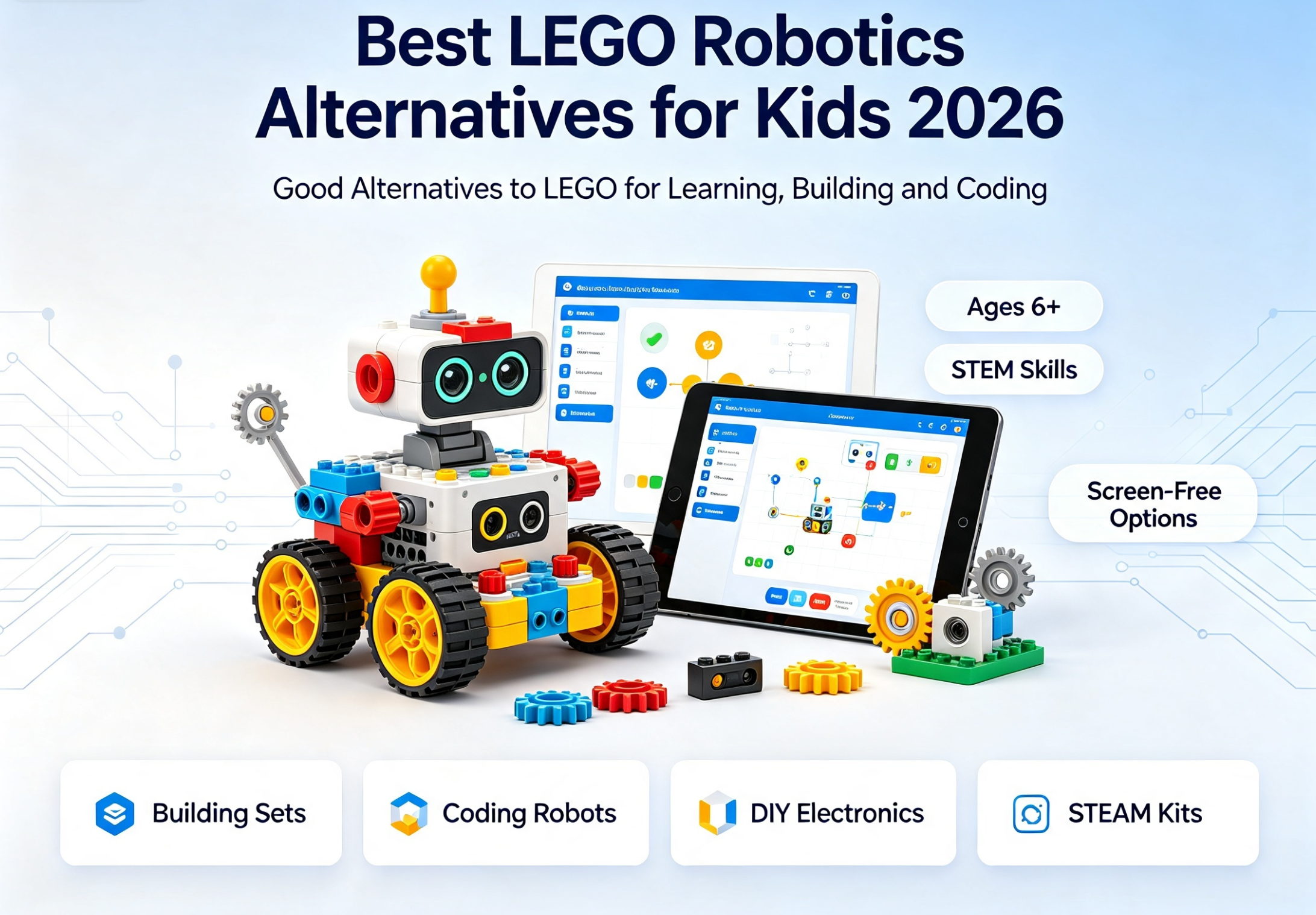 A collection of colorful robotic building blocks and components on a workbench.