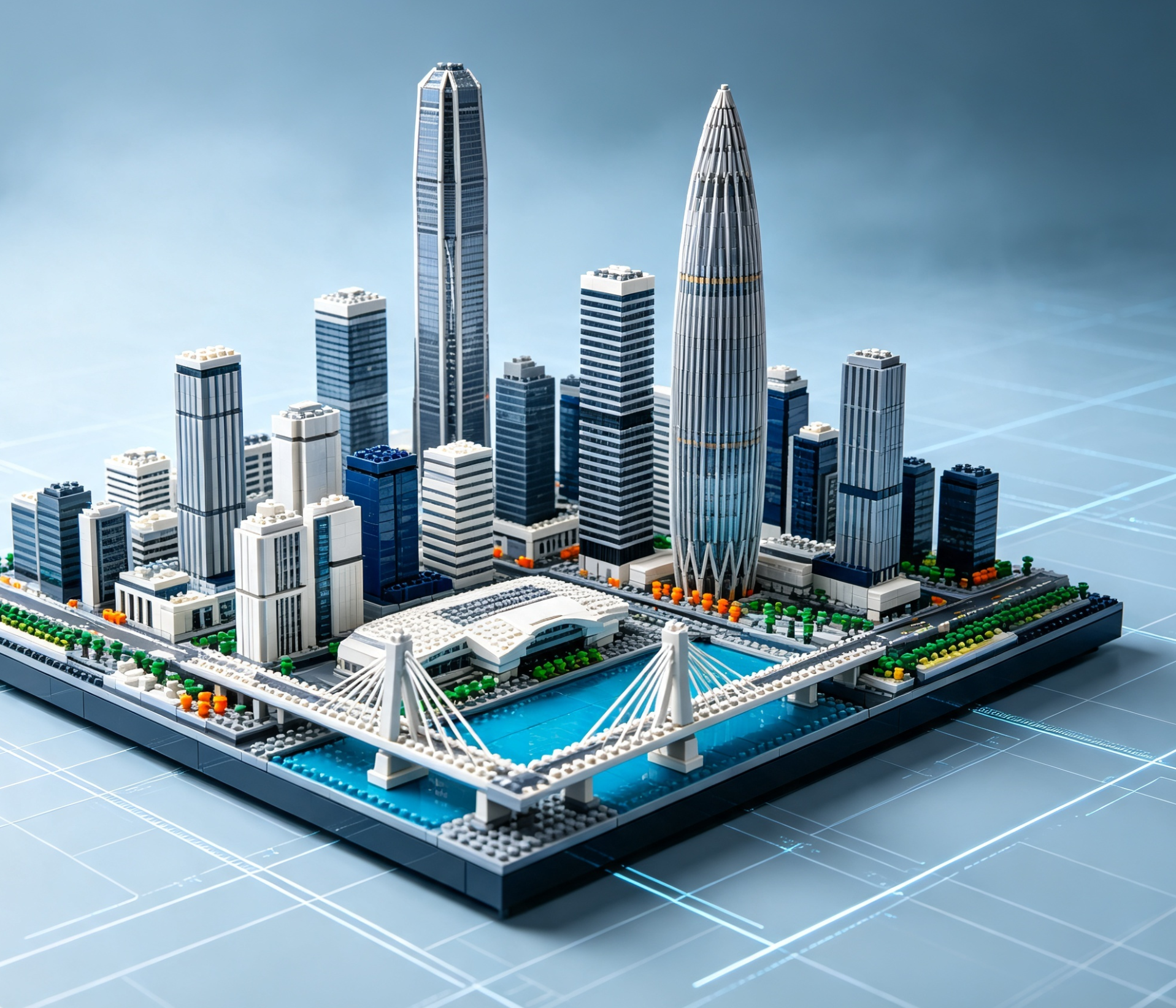 A detailed and intricate building block model of the Shenzhen city skyline at night