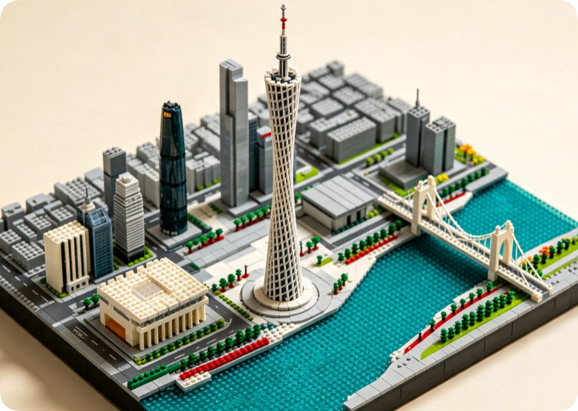 A detailed building block model of the futuristic Guangzhou city skyline