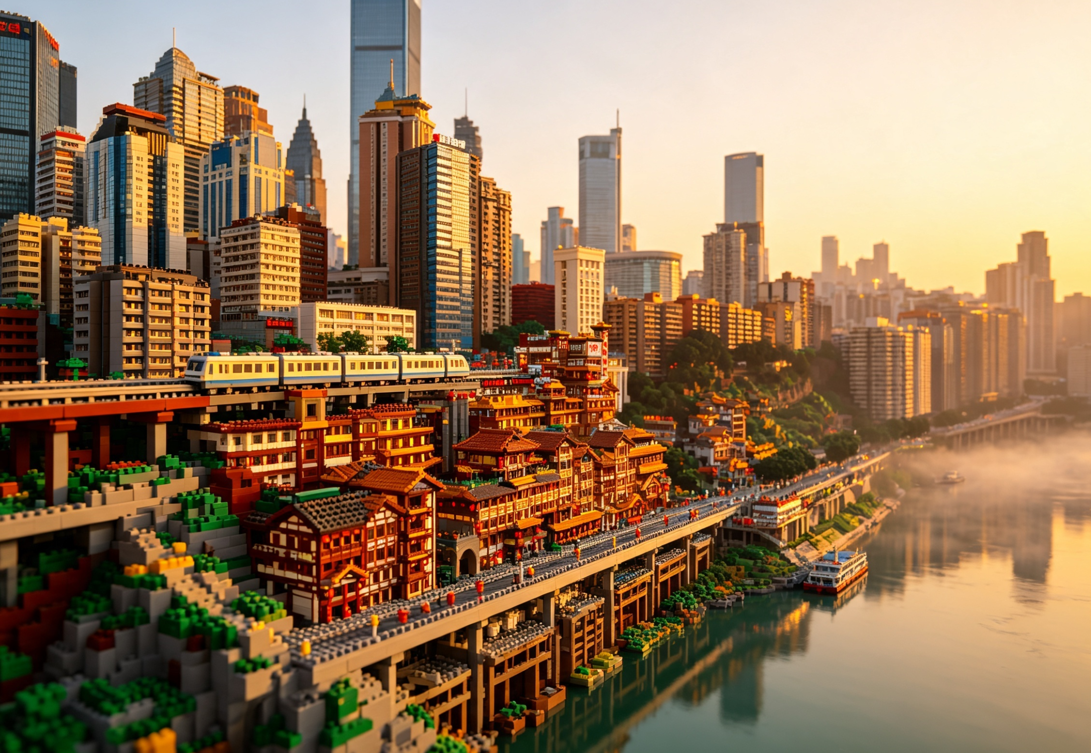 A detailed and complex building block model of the Chongqing skyline, highlighting its verticality and unique architecture.