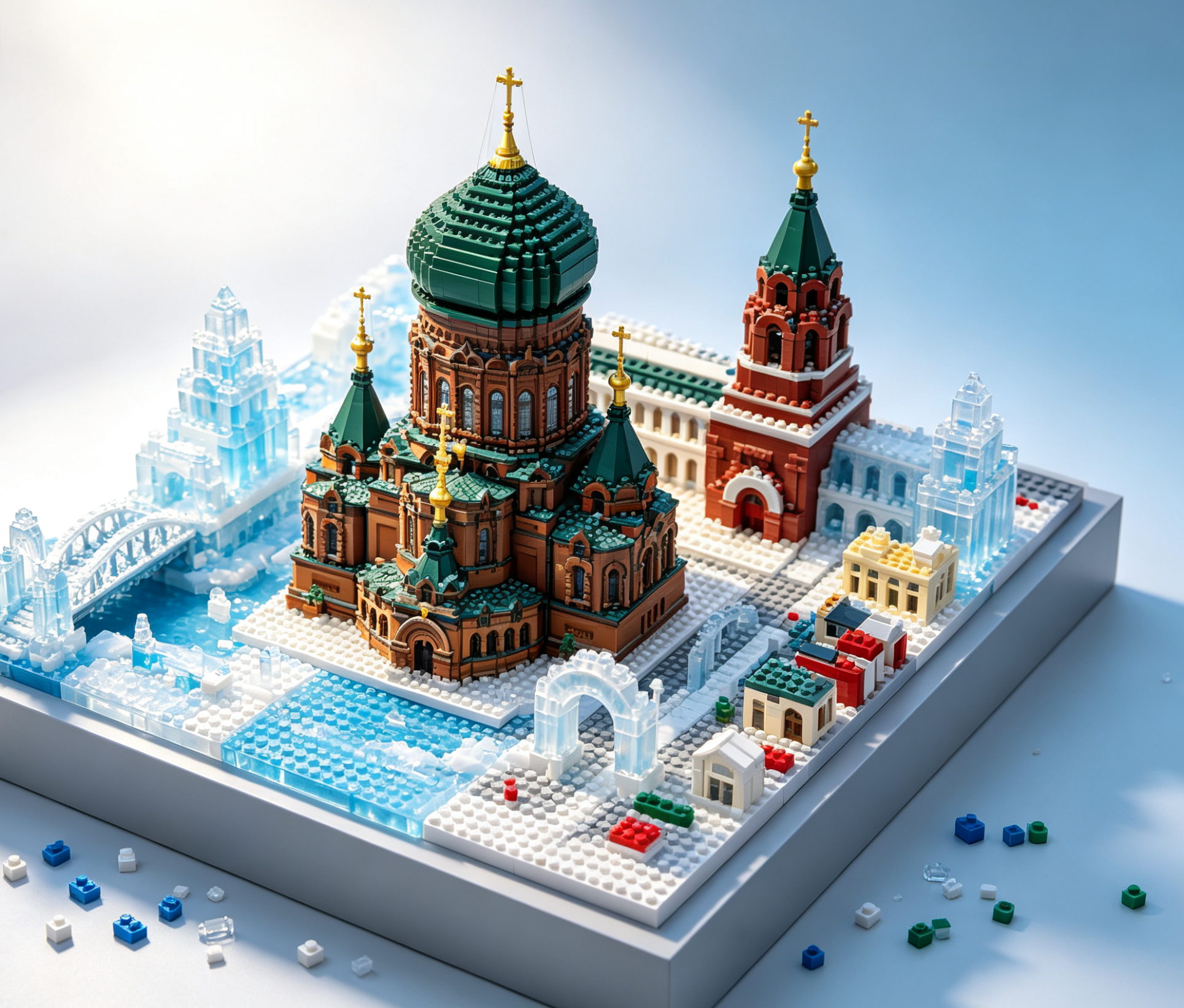 A beautifully assembled Harbin architecture building set showcasing the Saint Sophia Cathedral and other iconic buildings.