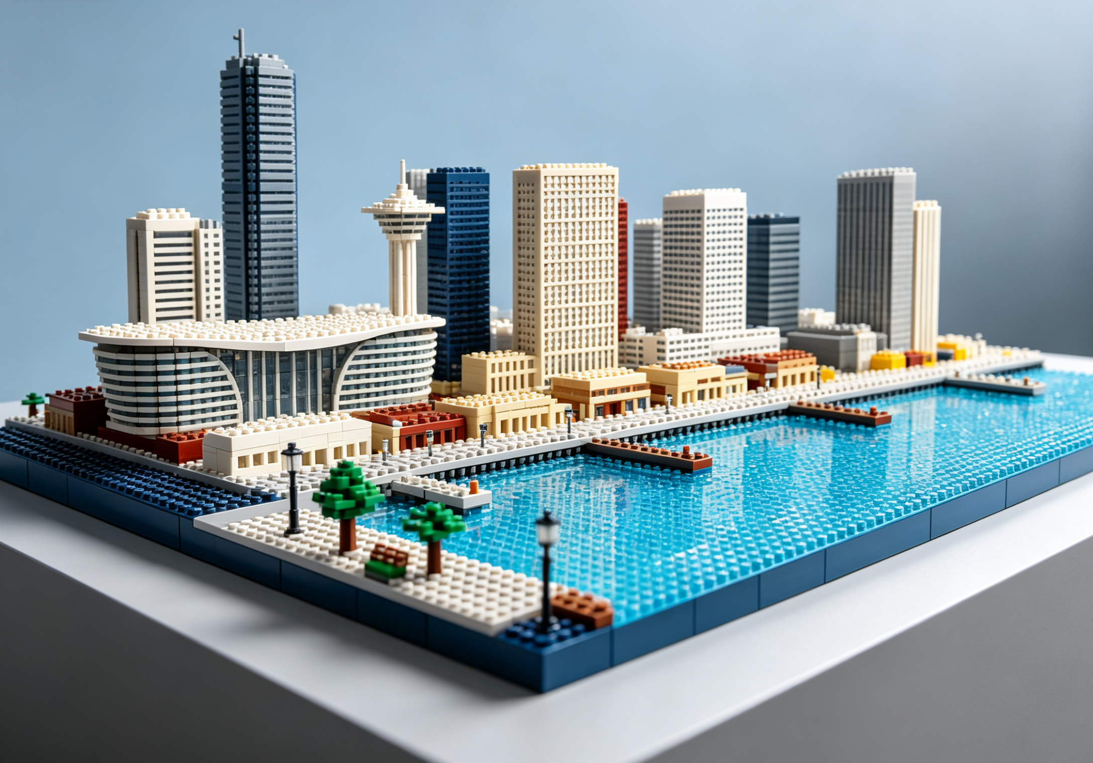 A detailed building block model of Dalian's futuristic waterfront architecture at sunset