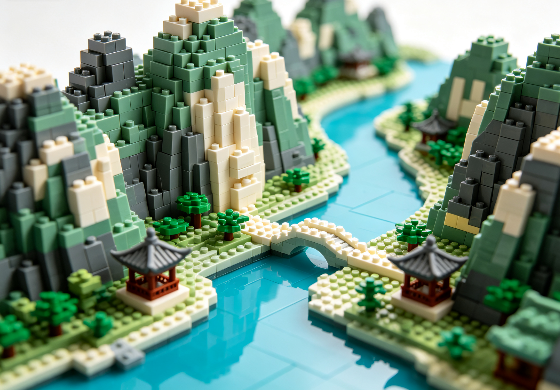 A beautifully constructed Guilin mountain landscape block model showcasing karst peaks and a winding river