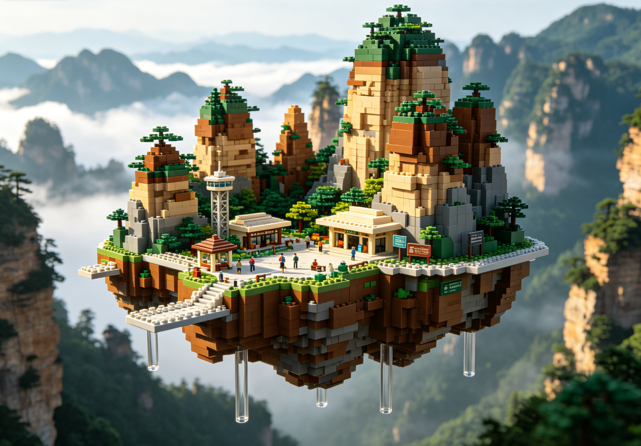 An incredibly detailed building block model of the Zhangjiajie 'Avatar' mountains, showing floating peaks connected by bridges.