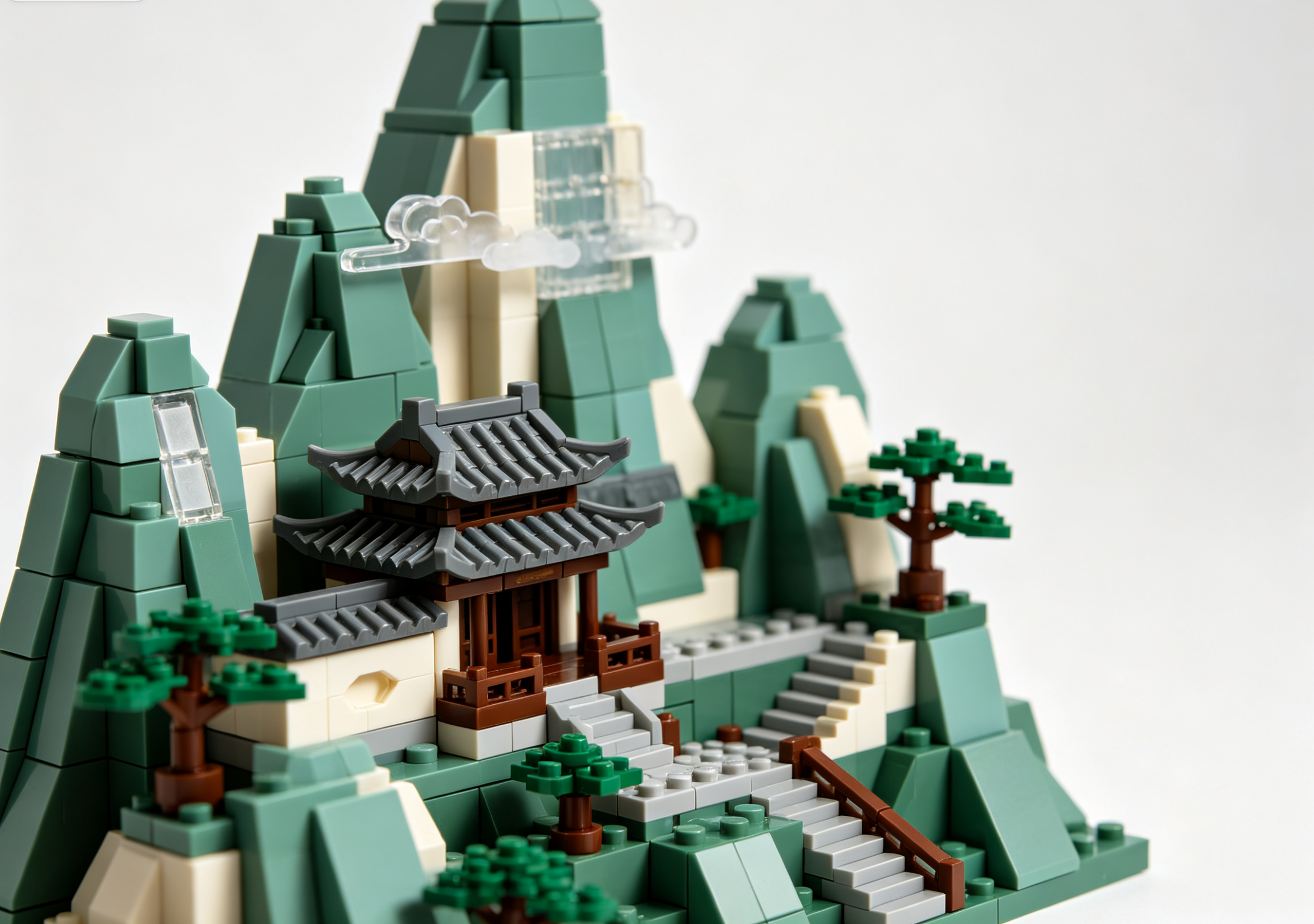 A beautifully detailed and completed Yellow Mountain building set showcasing granite peaks, ancient pine trees, and a sea of clouds.