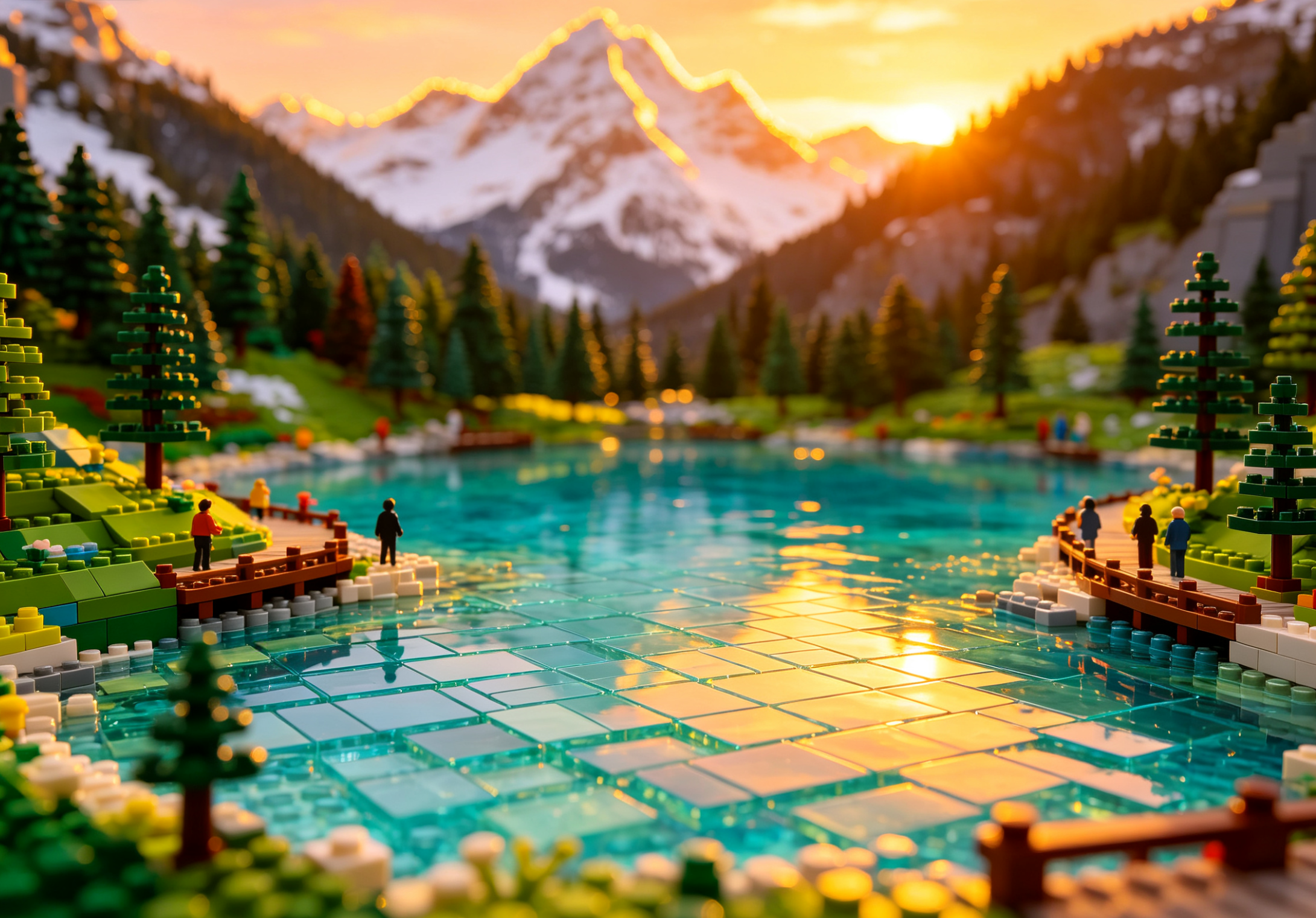 A beautifully crafted building block model of the colorful lakes of Jiuzhaigou Valley