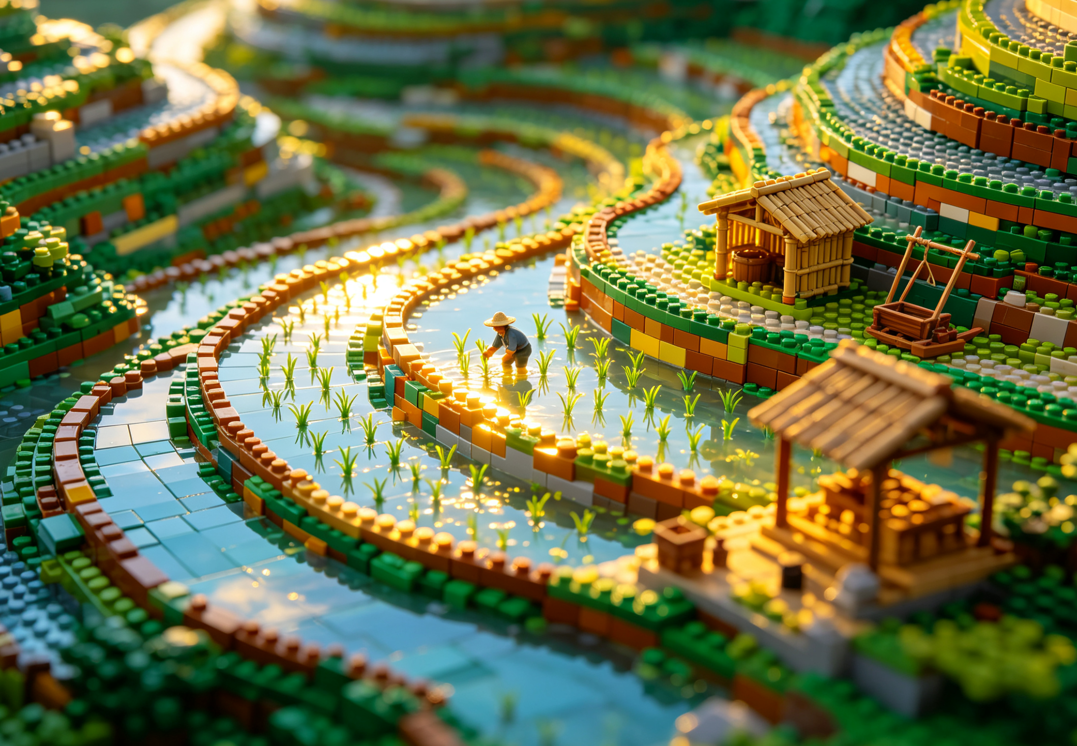 A beautifully detailed building block model of the Yunnan rice terrace fields, showing layered green and water sections.
